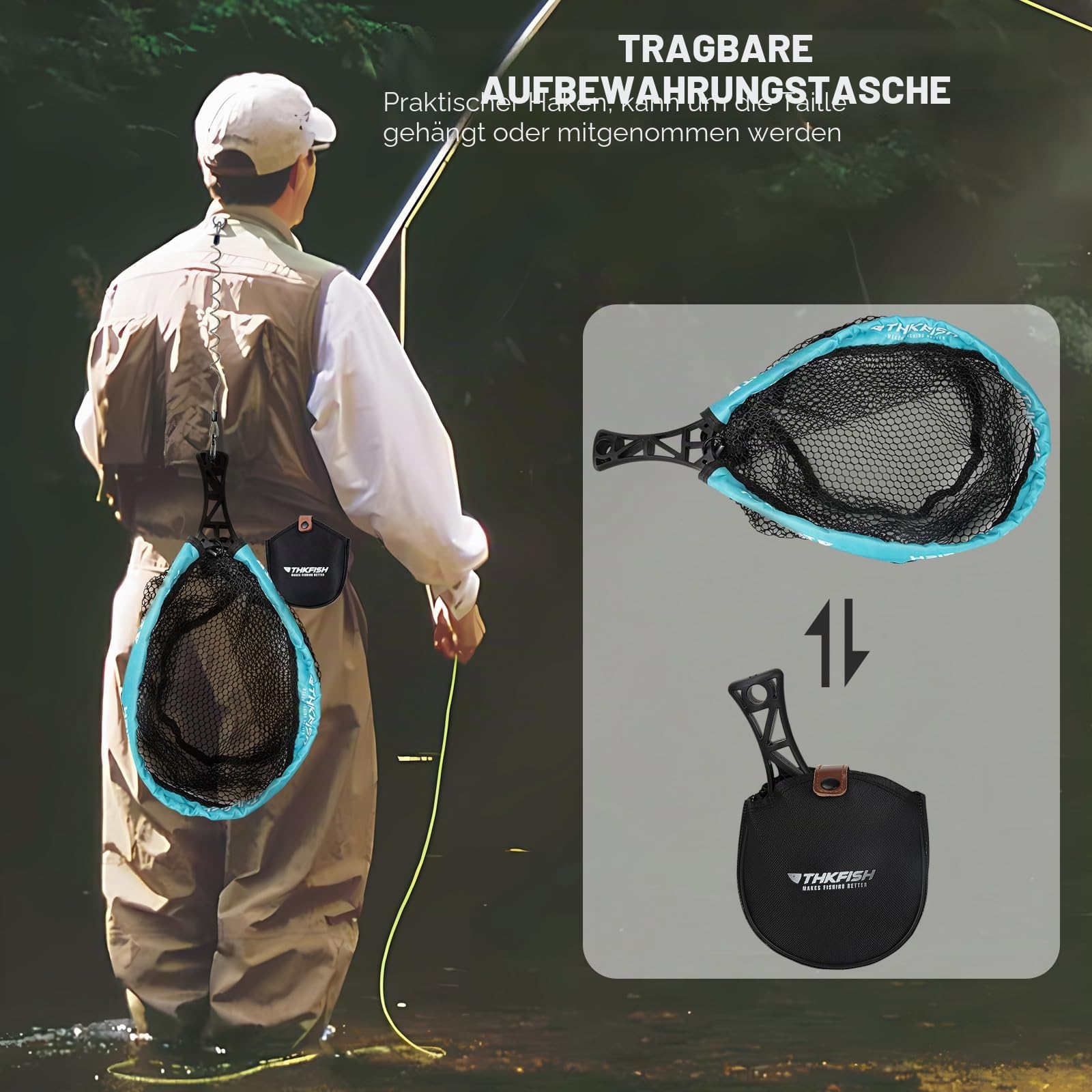 THKFISH Fliegenfischen Kescher, faltbarer Forellennetz mit ABS-Griff, gummiertes Netz, Forellennetz mit Angeltasche für Forellenbarsch, Fangen und Freigaben, tragbares Fliegenfischzubehör, M/L