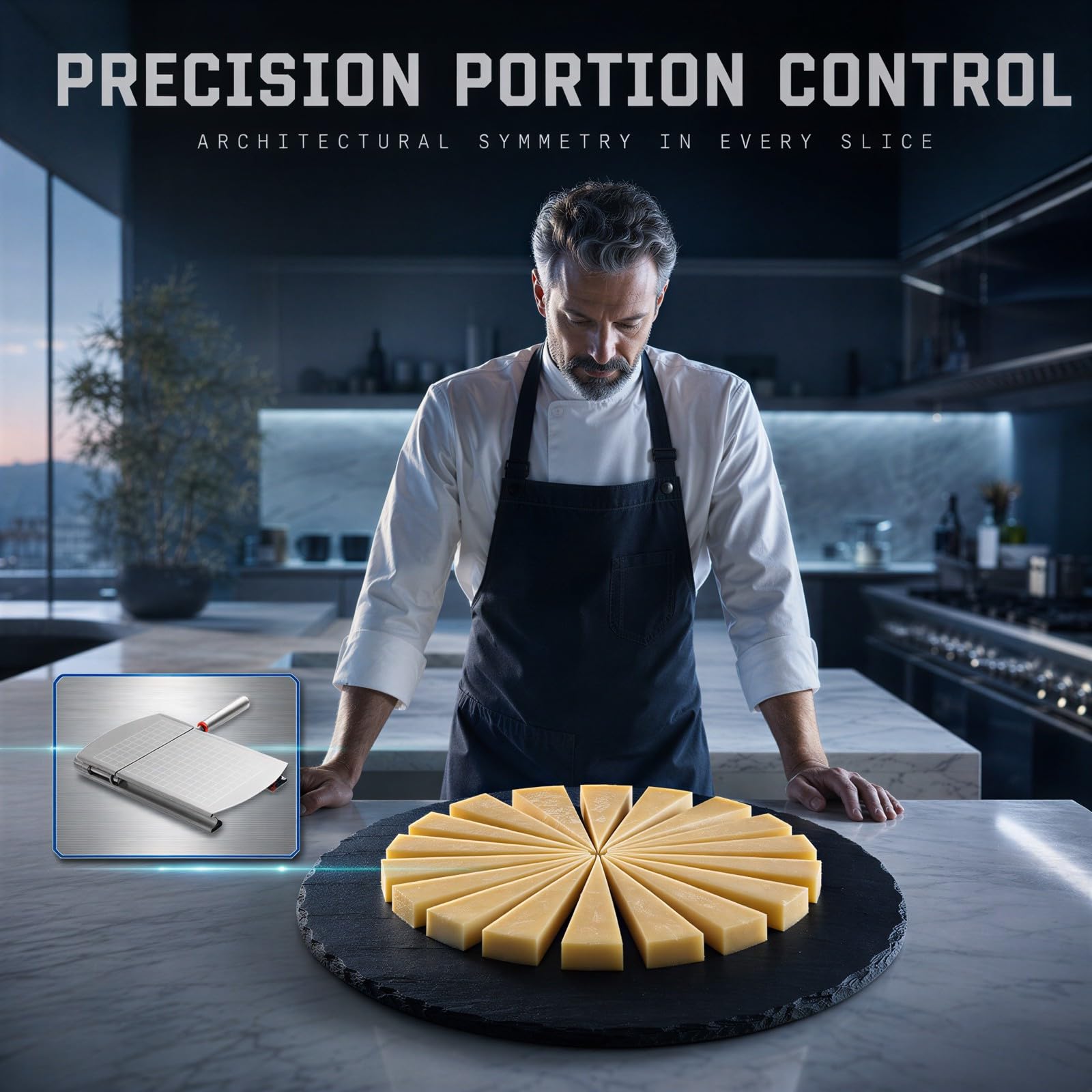 Edelstahl-Schneider, Käsehobel mit Skalenraster-Basis, Butter- und Portionsschneider mit ergonomischem Griff, für Hart- und Weichkäse, Seife, Blöcke, silber
