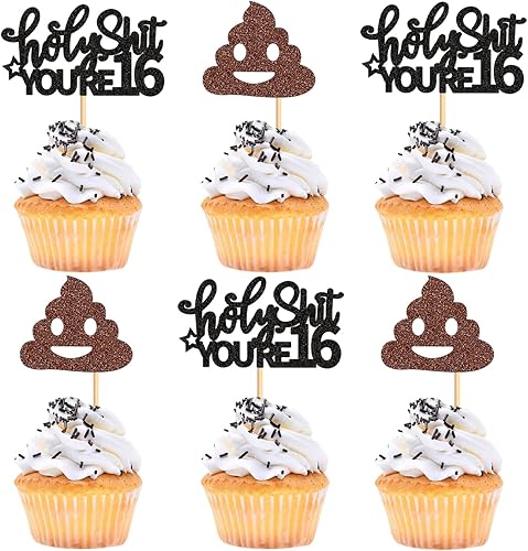 Miniatura 1 de Holy Shit You Are 16th Cupcake Toppers Sweet Sixteen 16 Happy 16 Happy 16 Cupcake Picks for 16th Birthday Wedding Anniversary Party Cake Decor