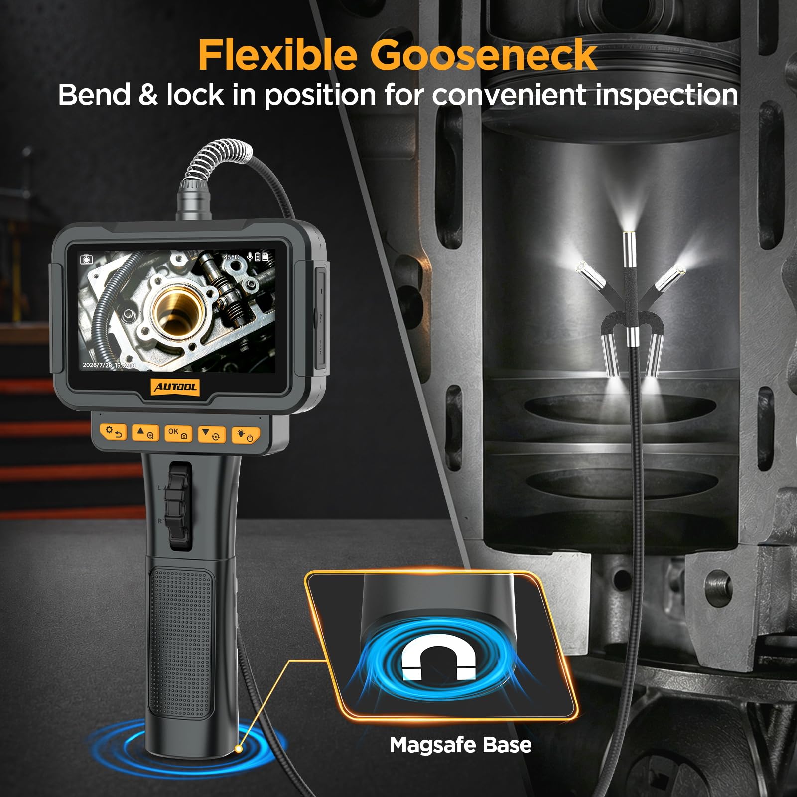 AUTOOL SVB208 Articulating Borescope, 2-Way 210° 0.24in Ultra-Slim Endoscope with Light, 4.3" IPS HD Screen 8X Zoom, IP67 3.3FT Flexible Video Scope Camera for Automotive Engine Inspection — Amazon image 4