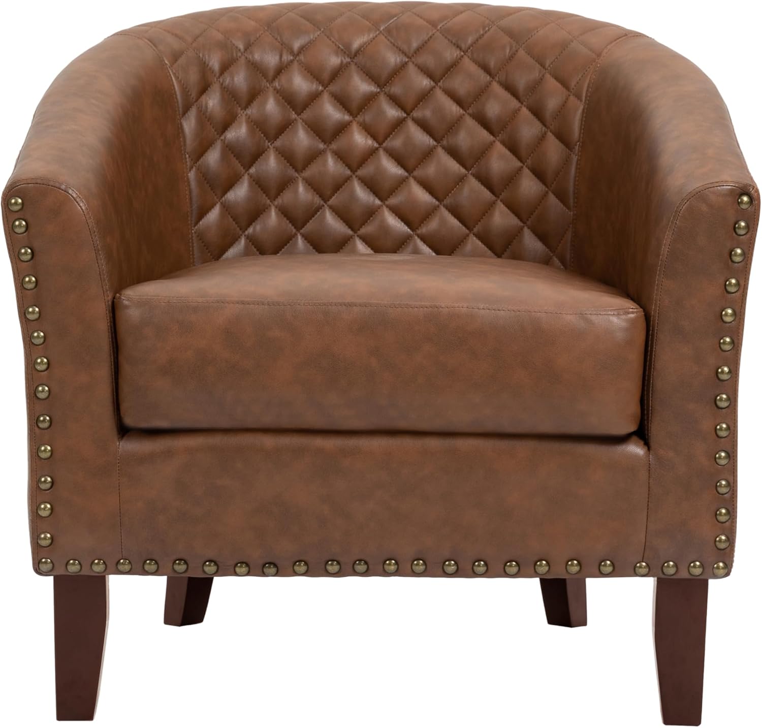 UIXE PU Leather Barrel Accent Chairs Set of 2, Modern Upholstered Armchair Round Club Chair for Living Room, Comfy Nailed Trim Arm Chair Bedroom Side Reading Seat - Brown