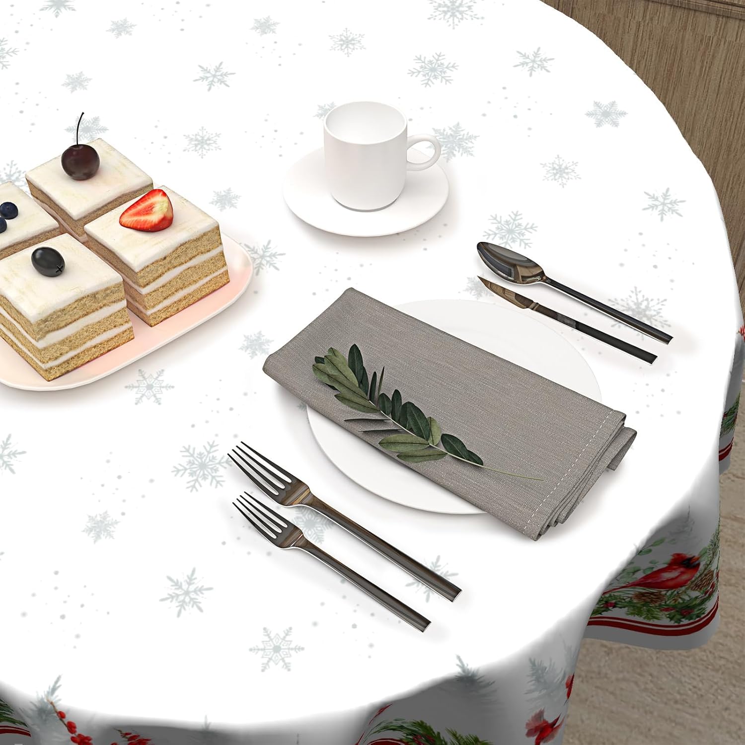 Winter Snow TableclothRed Red Birds and Tree Round Tablecloth 60 Inch Christmas Witer Red Table Cloth for Farmhouse Kitchen Decor Polyester Fabric Xmas Table Cover for Holiday Party Outdoor Camping