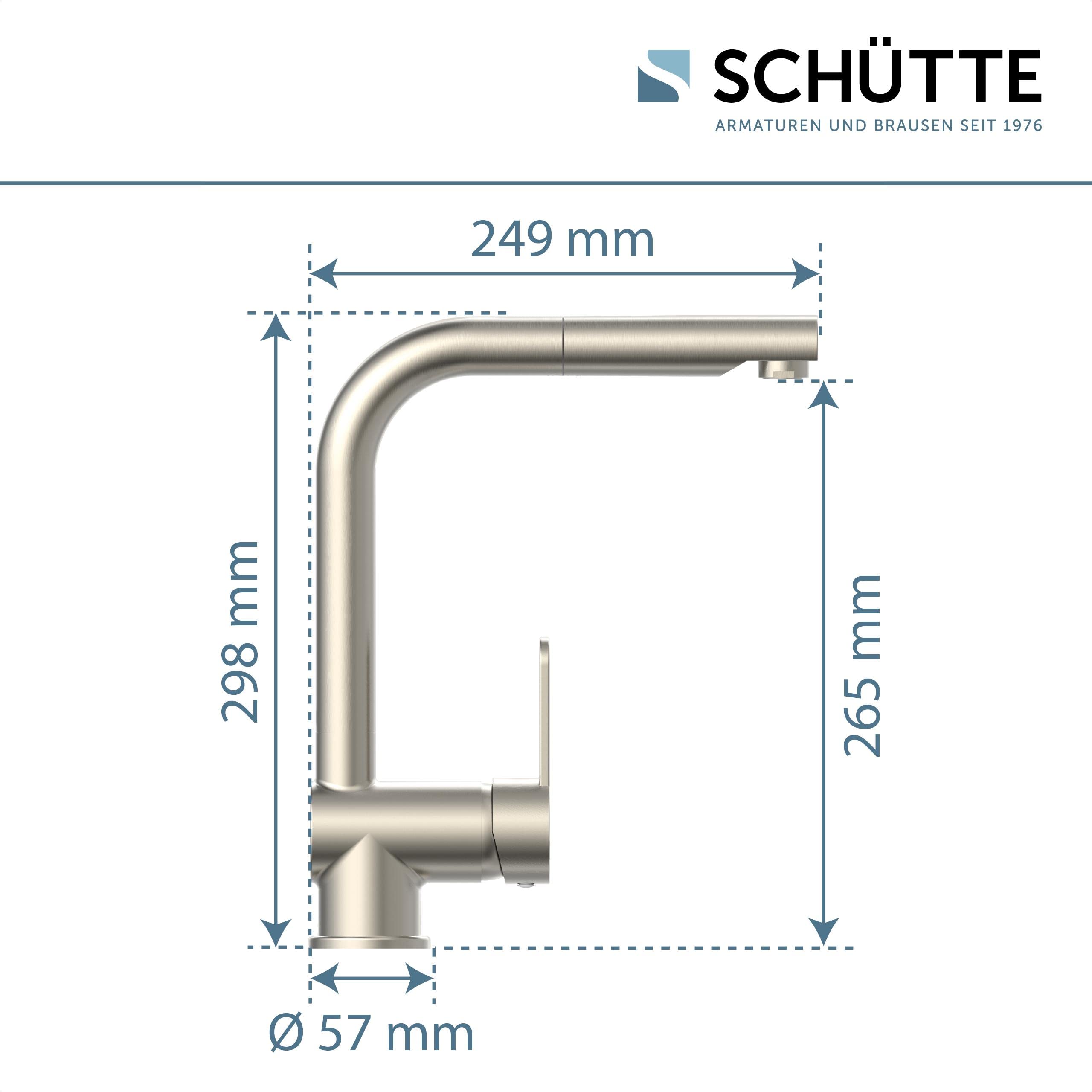 SCHÜTTE LONDON Küchenarmatur mit ausziehbarer Geschirrbrause, 360 Grad schwenkbarer Wasserhahn für die Küche, Mischbatterie mit Einhebelmischer, Spültischarmatur Edelstahloptik, Edelstahl, 29,8 cm