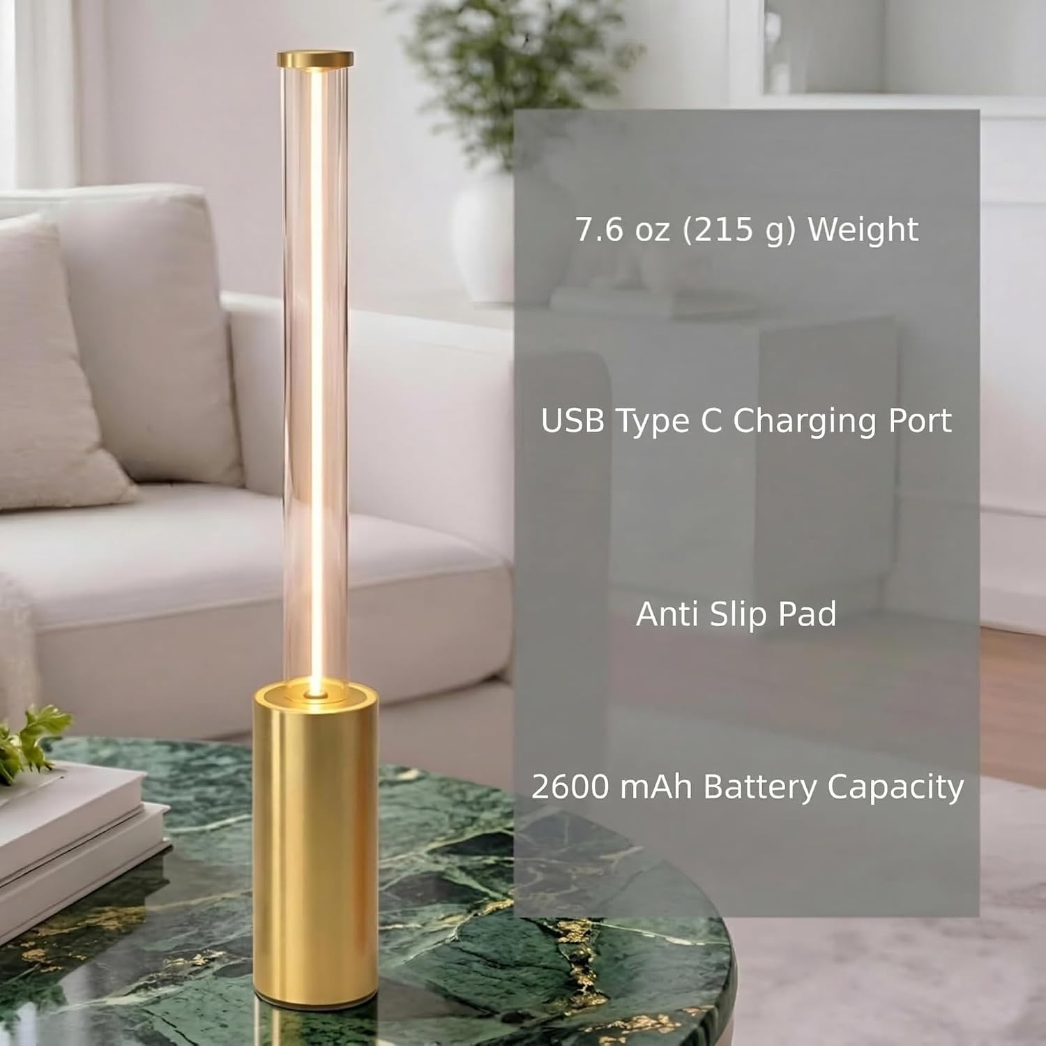 Cordless Table Lamp Rechargeable, Gold-Tone Aluminum Touch LED Lamp, Dimmable 2200K Warm White, USB-C Charging, 3 Modes, for Bedroom & Dining