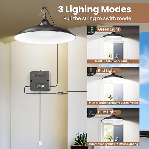 Solar Shed Light Indoor Outdoor, 2000LM Daytime Available Pendant Light with Pull String, Dusk to Dawn, 3 Lighting Modes Solar Lights Indoor, IP65 Waterproof for Barn, Gazebo, Shop, Garage(2 Pack)