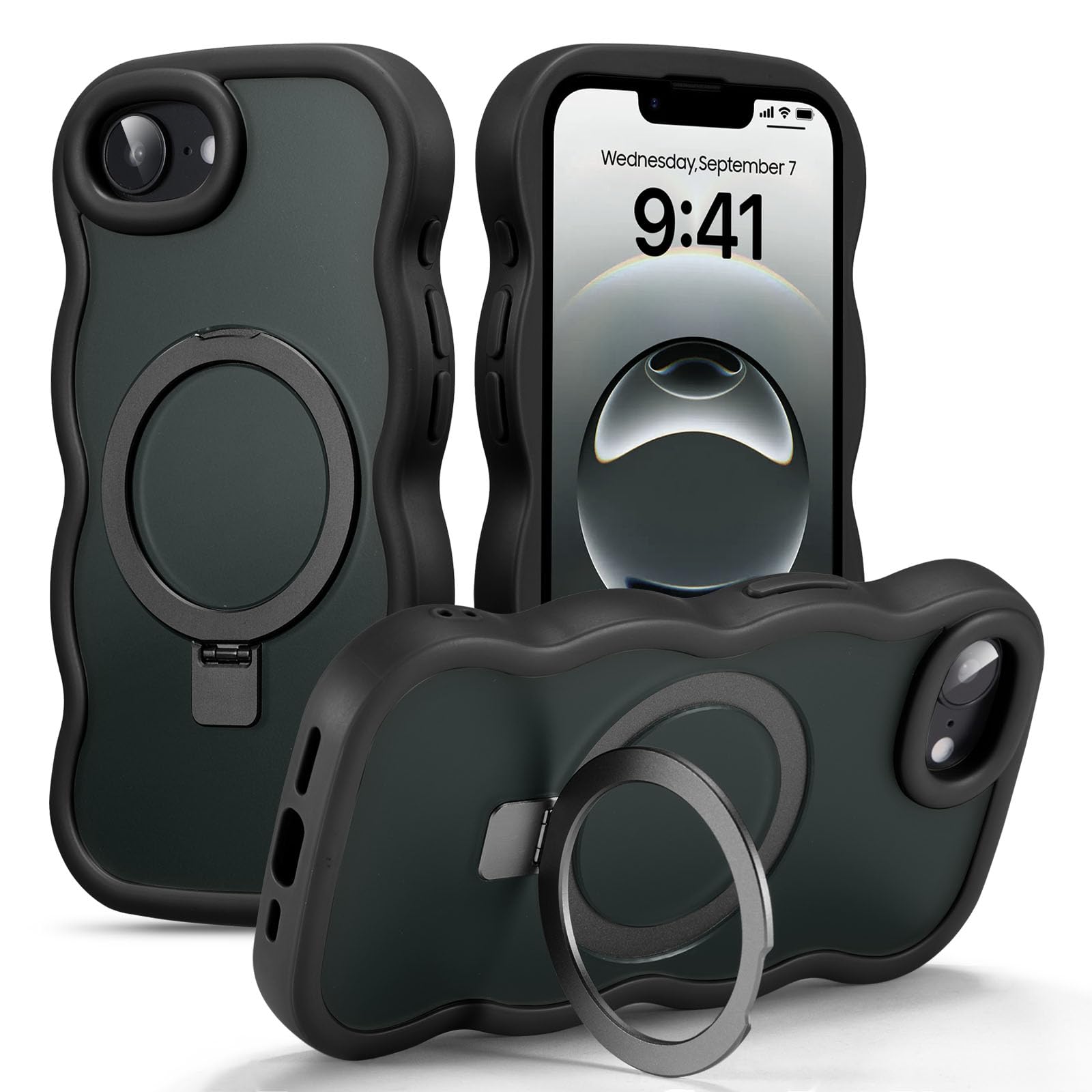 UEEBAI 対応 iPhone 17e/iPhone 16e 用の ケース 半透明 TPU ウェーブデザイン スマホケース 可愛い 人気 おしゃれ ケース Magsafe対応 横縦両立 薄型 軽量 マグネット搭載 波型 バンパー スマホケース - ブラック