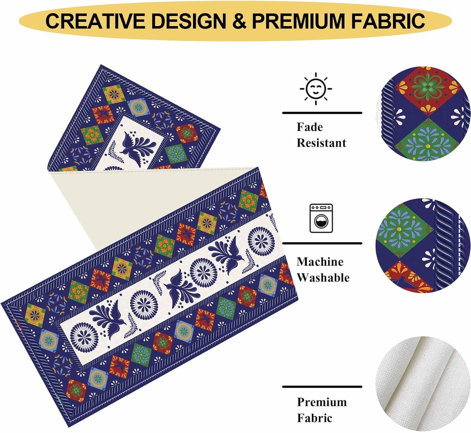 Floral Bird Mexican Table Runner,Mexico Talavera Dia De Los Muertos Blue Patchwork Tiles Kitchen Dining Table Decoration for Home Party Decor,13 x 108 Inch