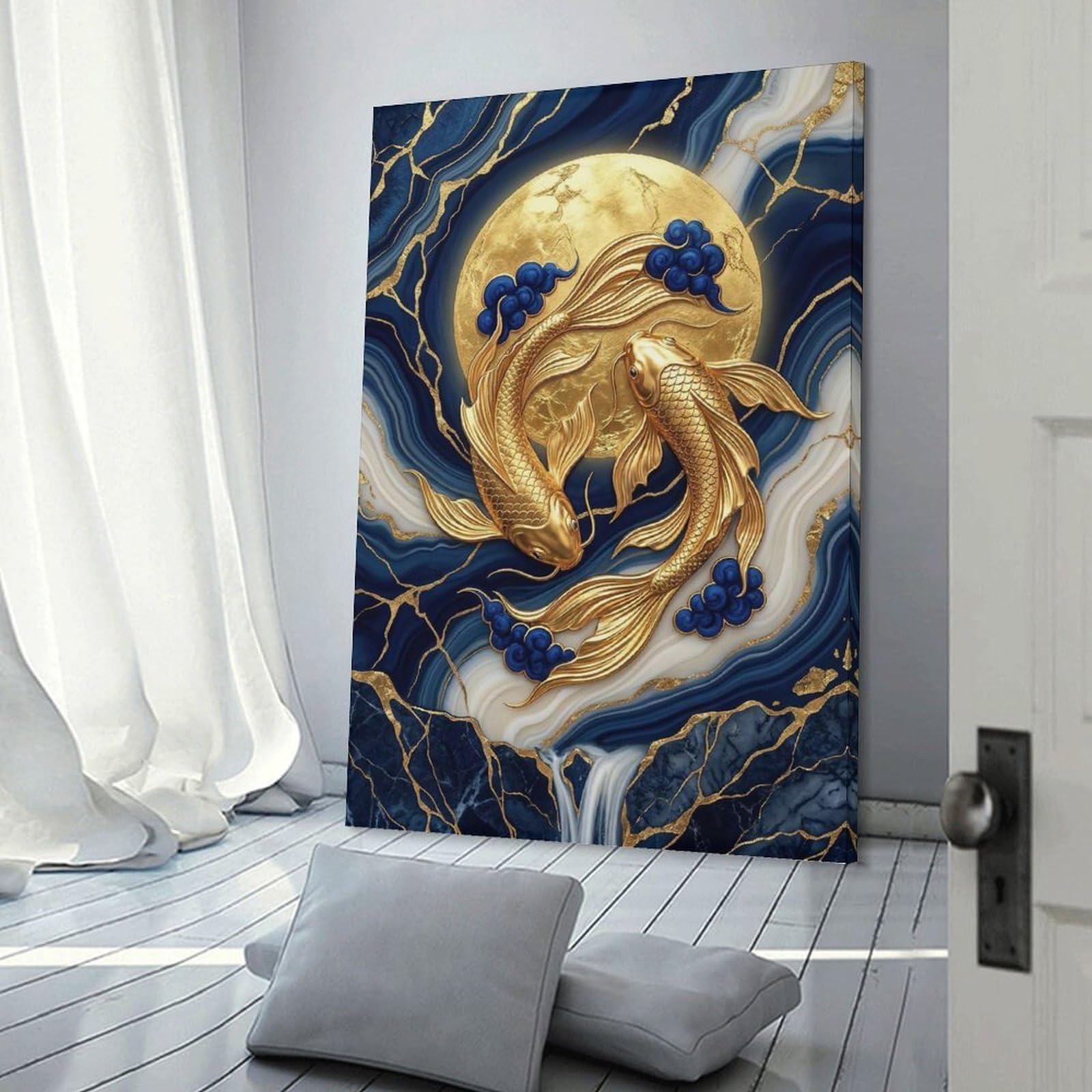 Junmoney Golden Koi Fish Under A Full Moon Home Decor Wall Art 20x30inch(50x75cm), for Home, Office, Studio Or Guest Room, Canvas Wall Art That Fits Changing Layouts