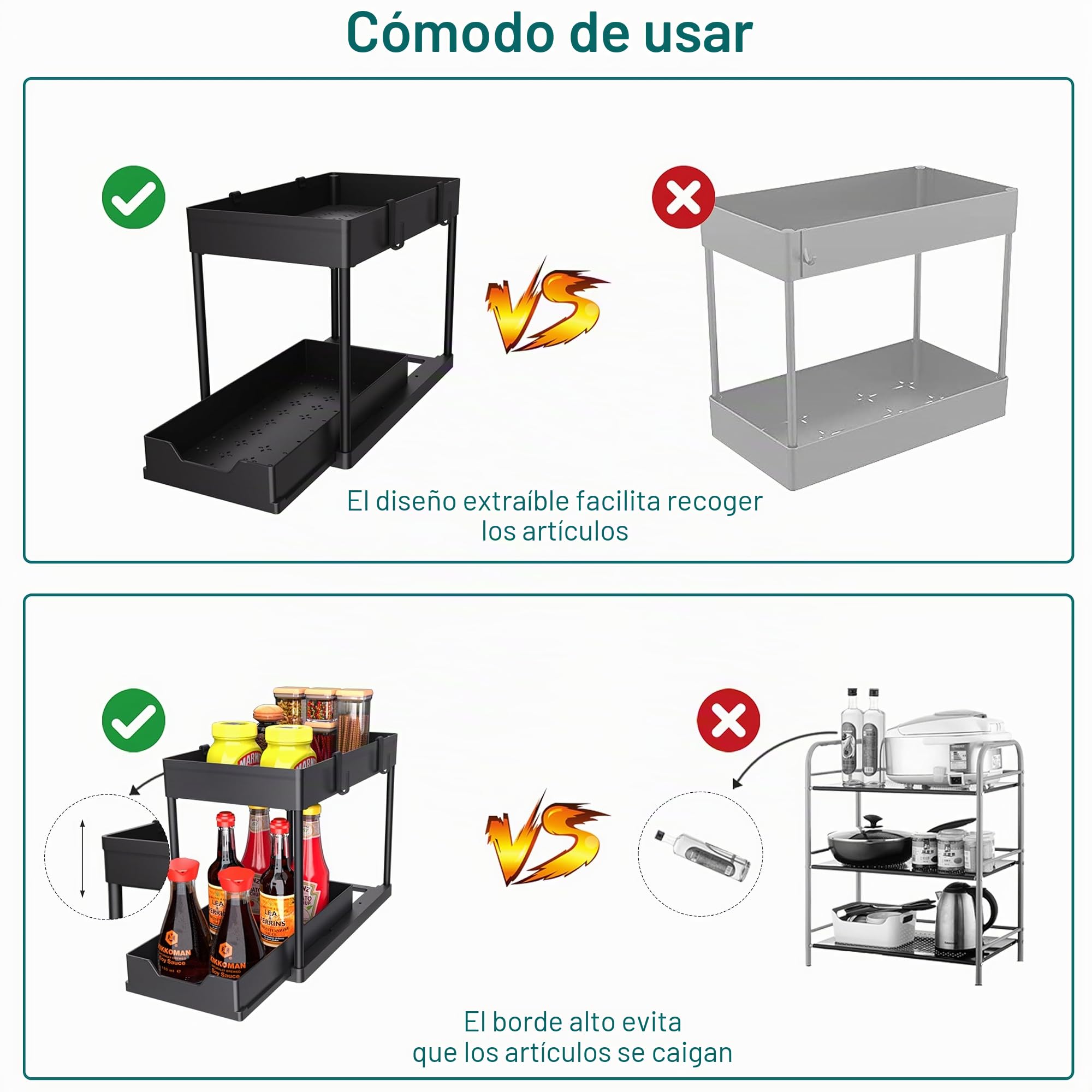 DEKAVA Organizador Bajo Fregadero Deslizable 2 Niveles, Estante del organizador de la cocina de gran capacidad, almacenamiento deslizante bajo la cocina, baño, fregadero doméstico, negro