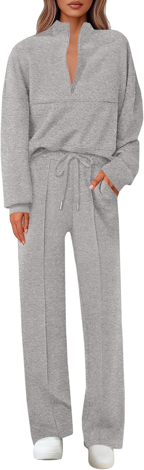 Lazysmile 2 Piece Sets For Women Lapel Half Zip Sweatshirt and Wide Leg Long Pants Sweatsuit Lounge Sets Workout Sets