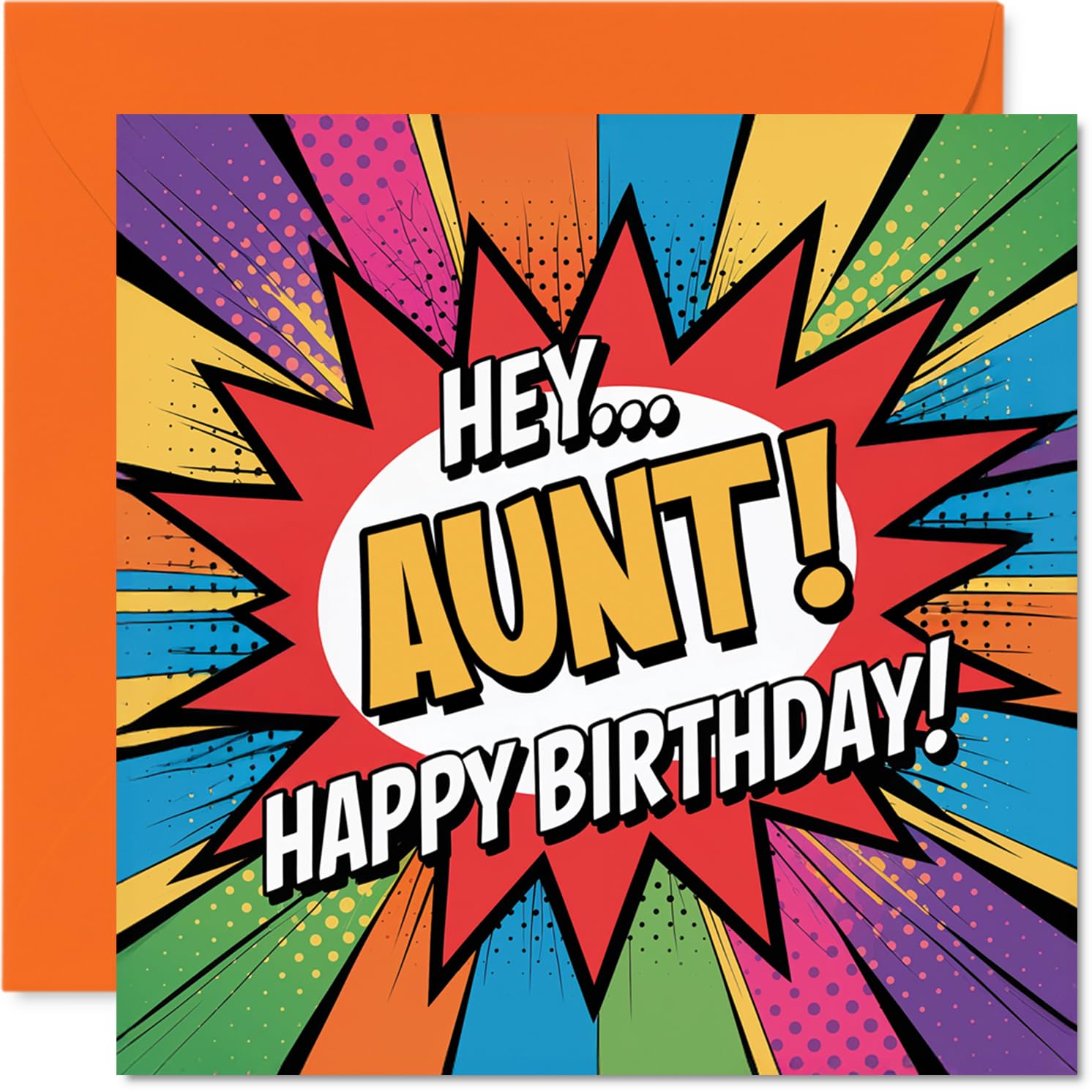 Playful Birthday Card for Aunt - Bursting with Birthday Cheer - Comic-style Explosion Design with Bold Orange and Multicolour Pop - 145mm Square, Envelope Included