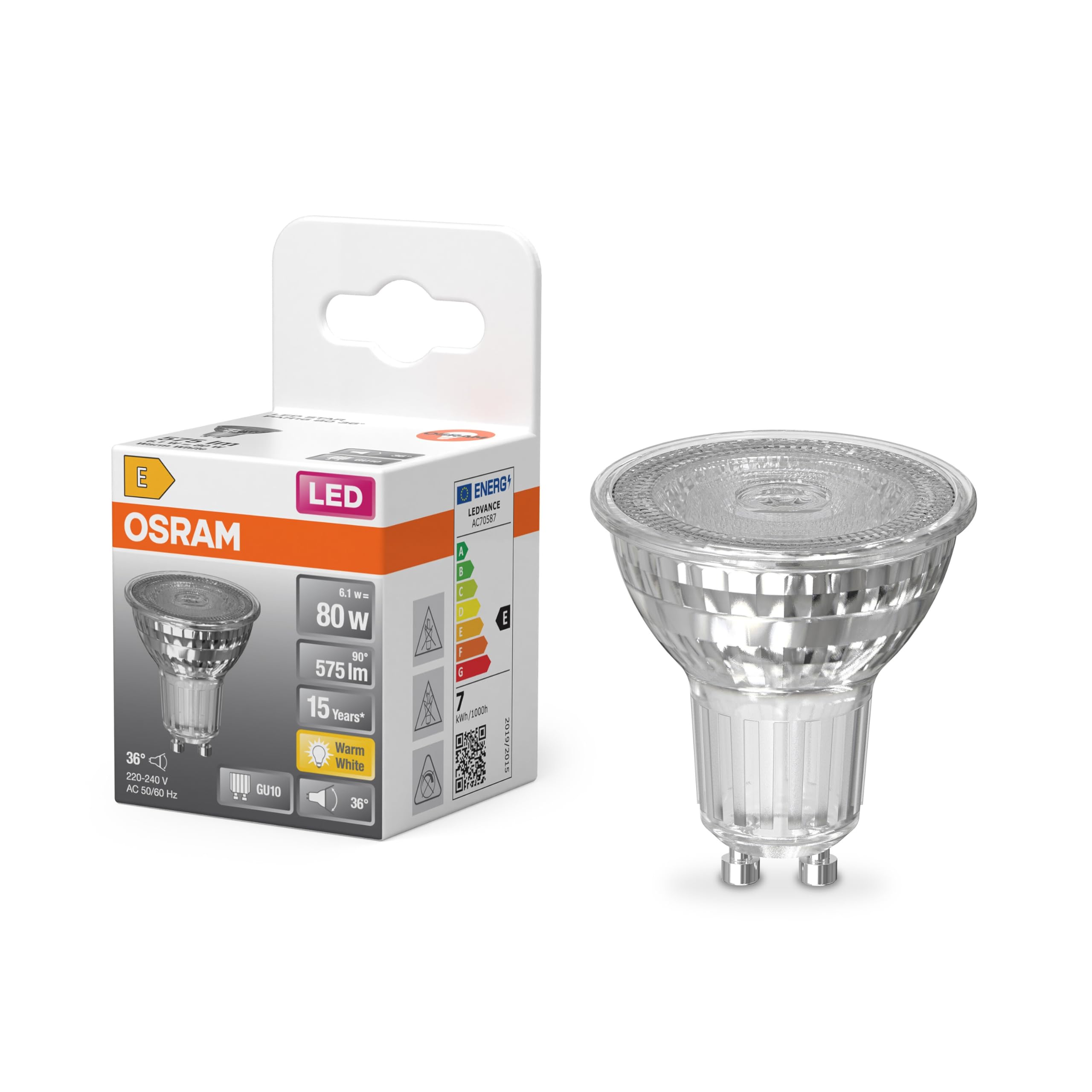 Osram LED-Spot Reflektor Star PAR16 80,2700 K warmweiß, 6,1 W, GU10, 36°, 575 lm, 15.000h, für Spotbeleuchtung, Akzentlicht, Geschäfte, Gastronomie | LED Star PAR16 80 36°, Reflektor, klar, 50 mm Durchmesser, 15.000 h, 6 Stück