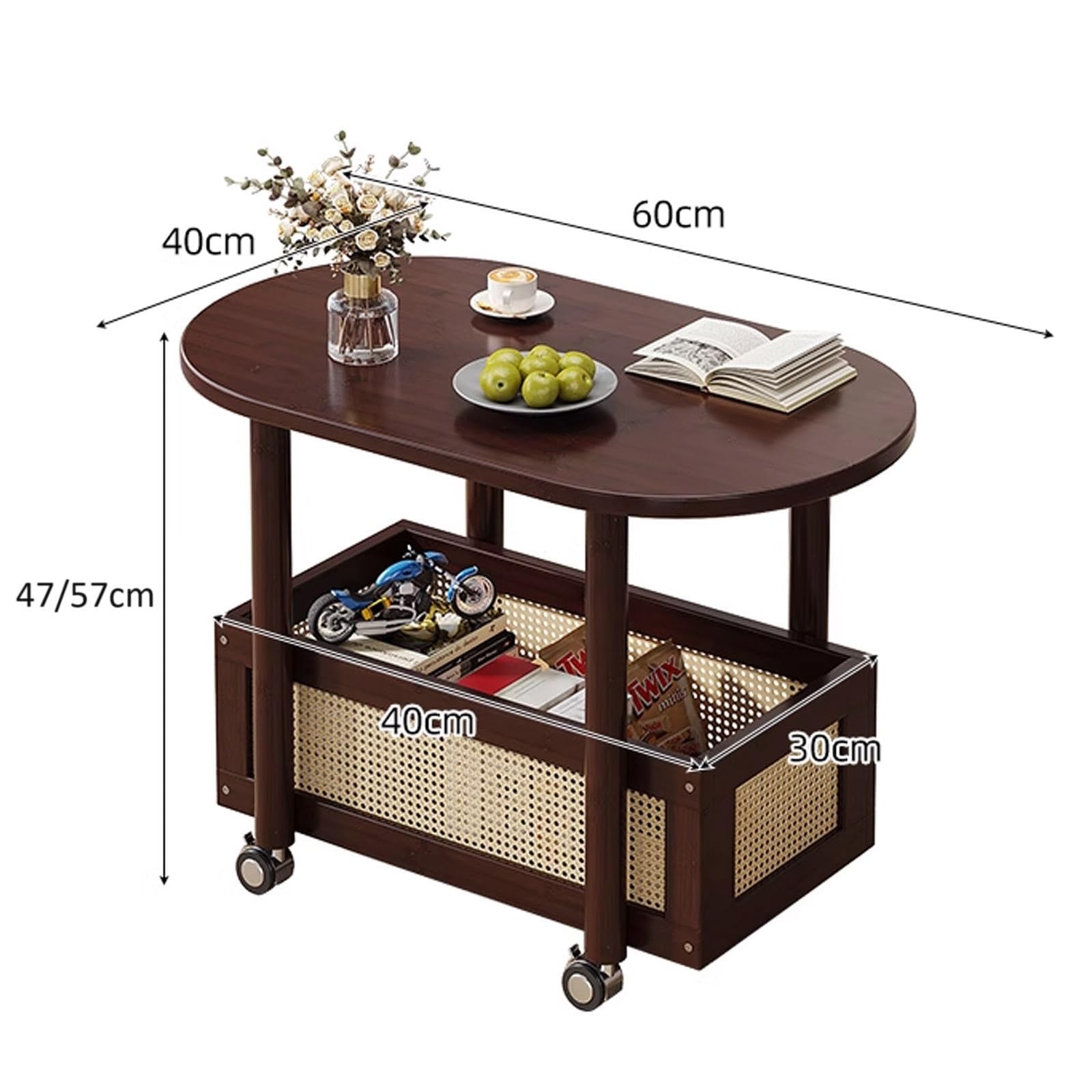 Landhaus Couchtisch mit Stauraum, Ovaler Wohnzimmertisch mit Zwei Ebenen und Drehbaren Rollen, for Tassen, Bücher, Snacks und Zeitschriften
