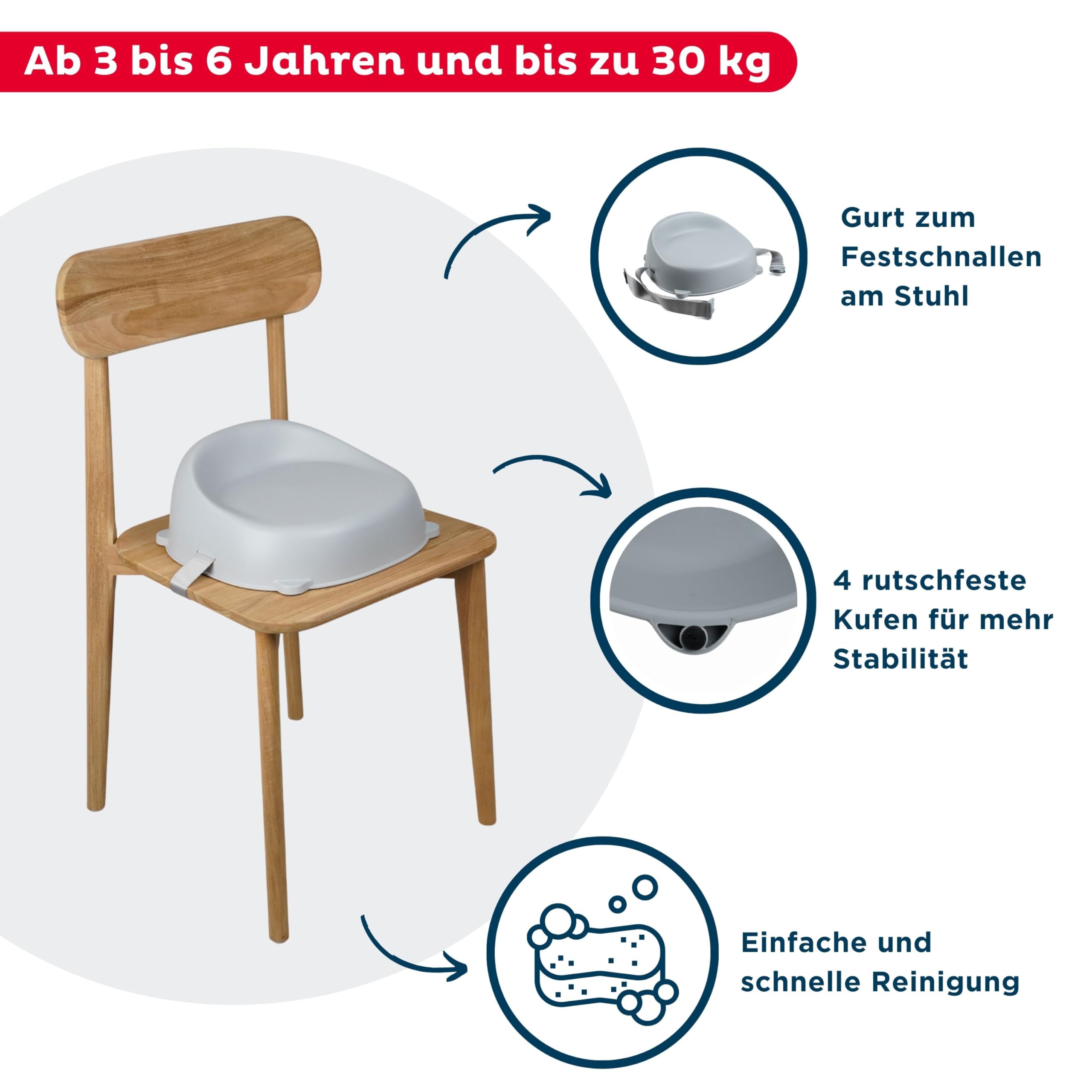 THERMOBABY - Łatwe podnoszenie krzesła - Podnoszenie - Dzieci w wieku od 3 do 6 lat (lub do 30 kg) - Wygodne - Lekkie i przenośne - Łatwy montaż - Szare Charme - Wyprodukowano we Francji