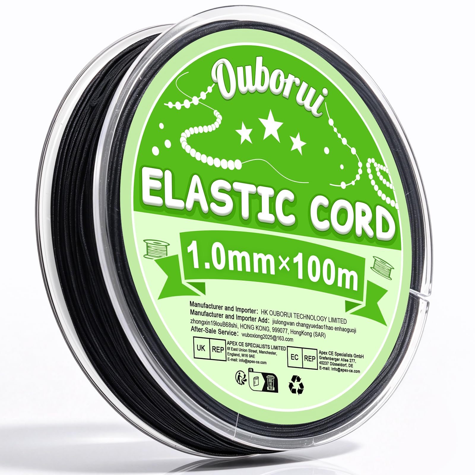 Ouborui Elastic String 1mm/100M Black Elastic Cord for Bracelet Making