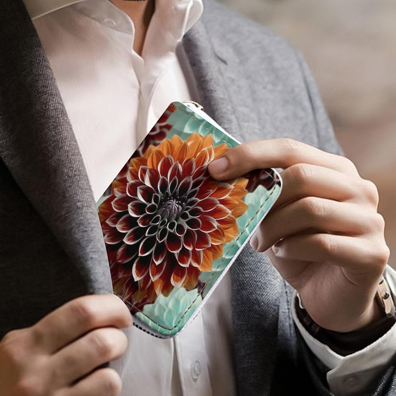 Leather Card Organizer Case Card Wallet Credit Card Holder Dahlia Flower Printed Zipper Card Cases Holder for Women Men