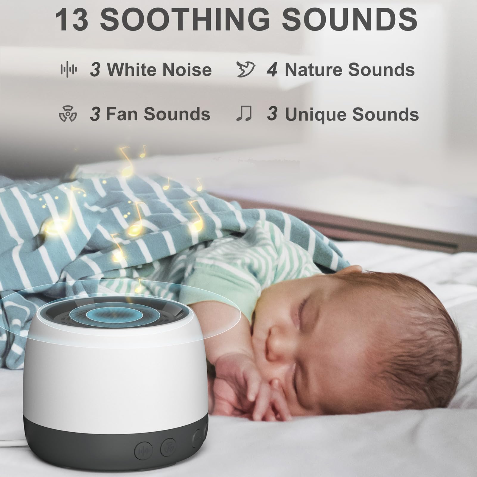 Tosuny Macchina per il Rumore Bianco, Altoparlante a 13 Suoni con Funzione di Memoria, Timer, Volume Regolabile, per Neonati, Adulti, Sonno, Viaggi, Alimentato Tramite USB