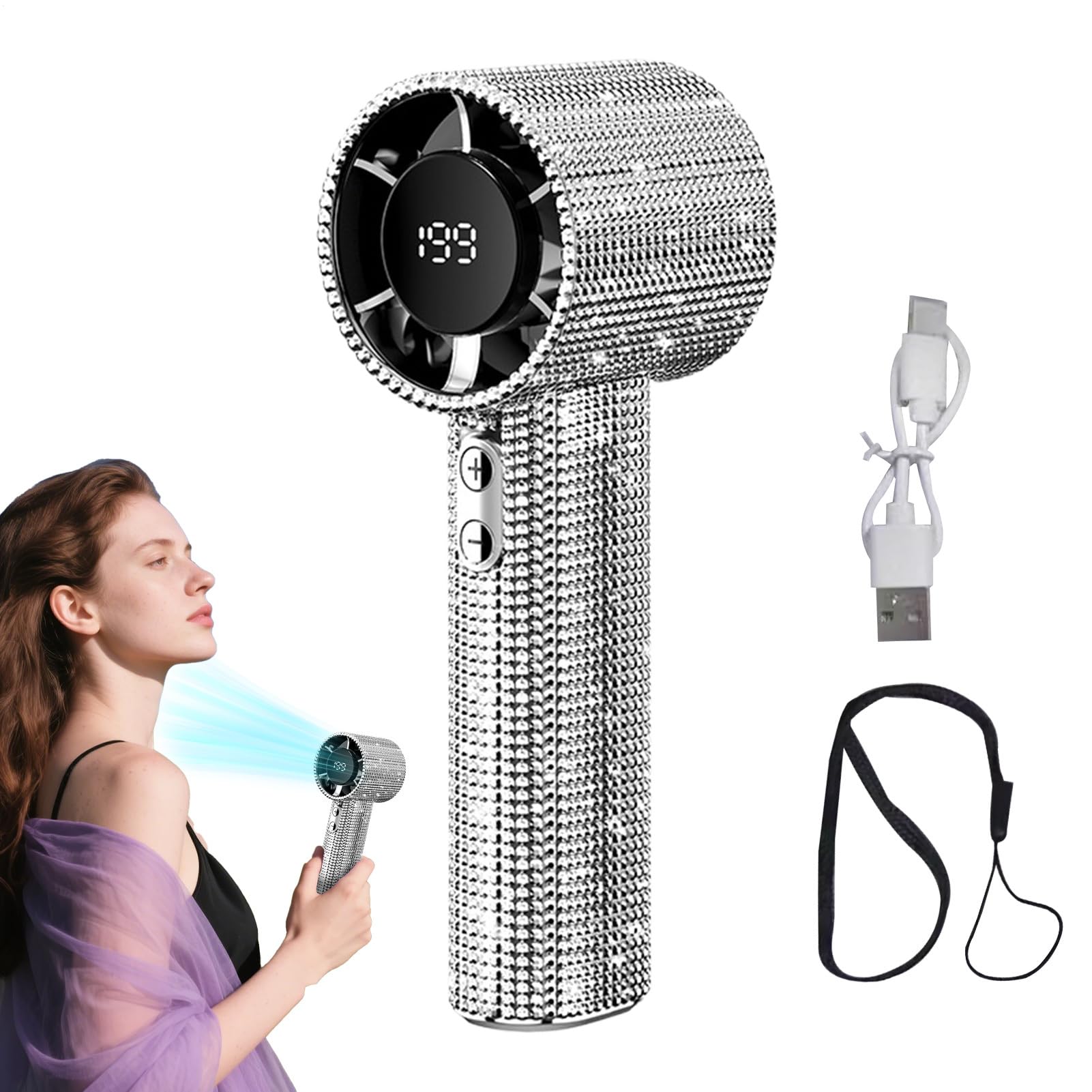 Ventilateur portable élégant orné de strass avec écran de contrôle pour un été raffiné