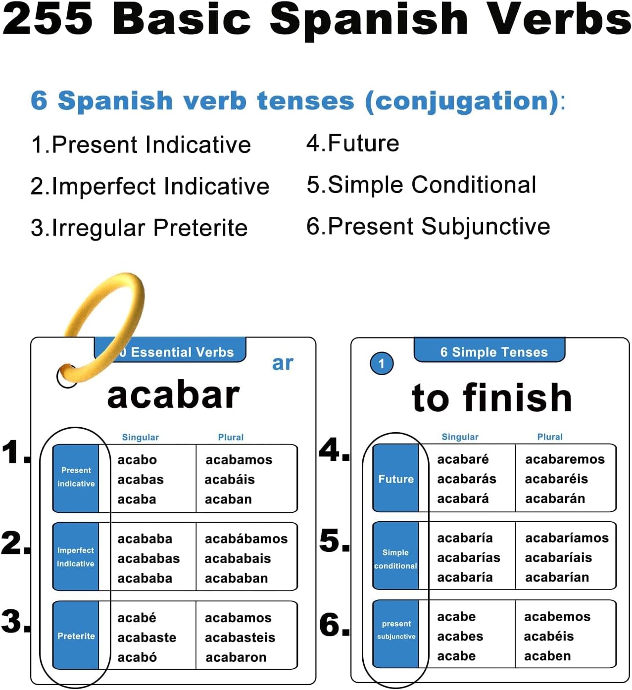 255 Essential Spanish Verbs Flash Cards Conjugation Flashcards (6 Simple Tenses)