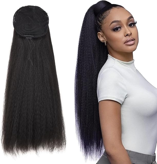 75CM Afro Kinky Straight Drawstring Ponytail Afro Yaki Straight Drawstring Ponytail Extensions for Women Girls Pony Tails Hair Pieces Black (75CM/30 INCH, 1B)
