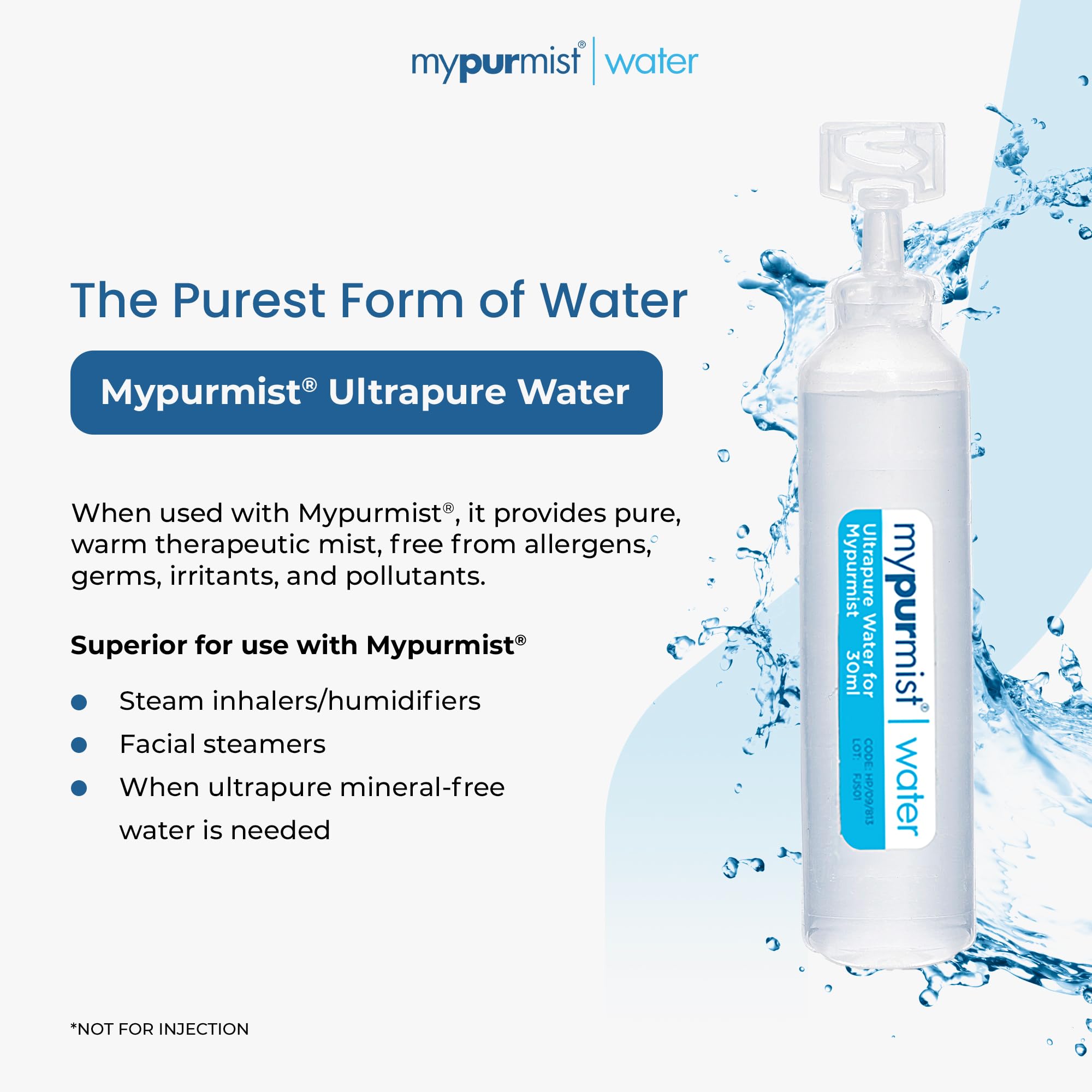 Mypurmist Ultrapure Sterile Water Refills for Steam Inhalers 600 ml | 20 sealed 30 ml refills made for Mypurmist steam inhalers and facial steamers; not for injection. product thumbnail 4