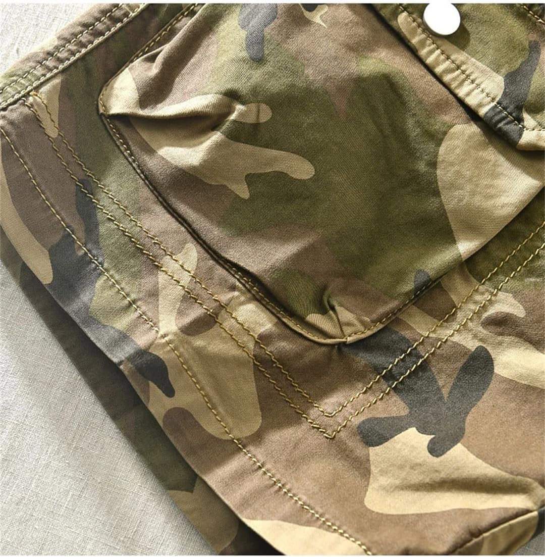 Vsadsau Men Camo Print Shorts Elastic Waist Multi Pockets Cotton Comfortable Outdoor Pants