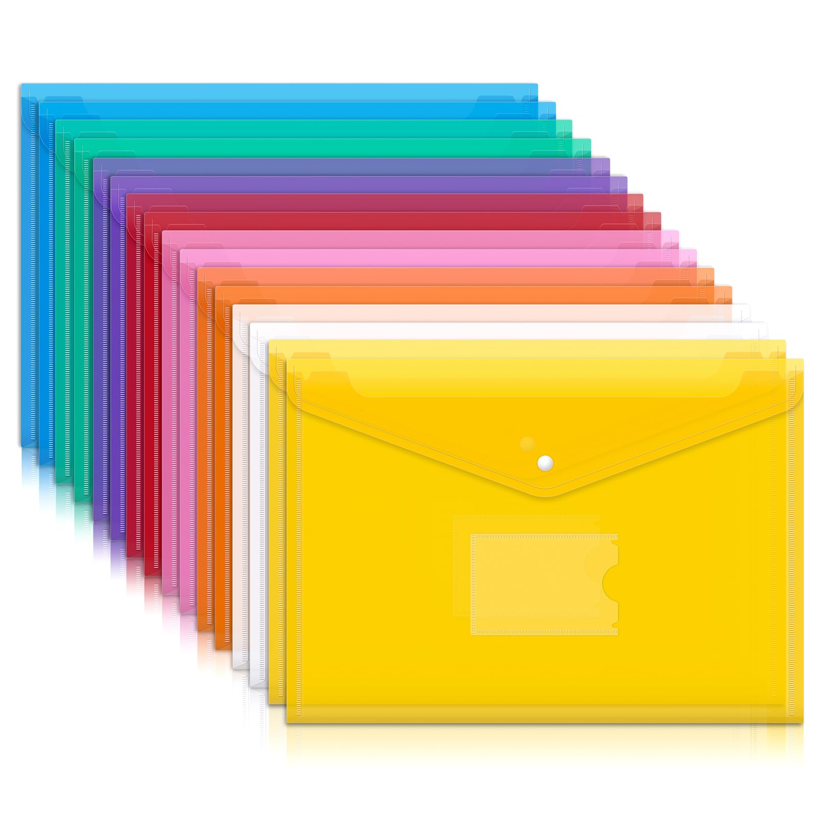 Mutsitaz A4 Plastic Wallets – 16 Pack Document Folders, 8 Bright Colors, Waterproof File Sleeves for Paperwork, School, Office, Home & Travel Organization