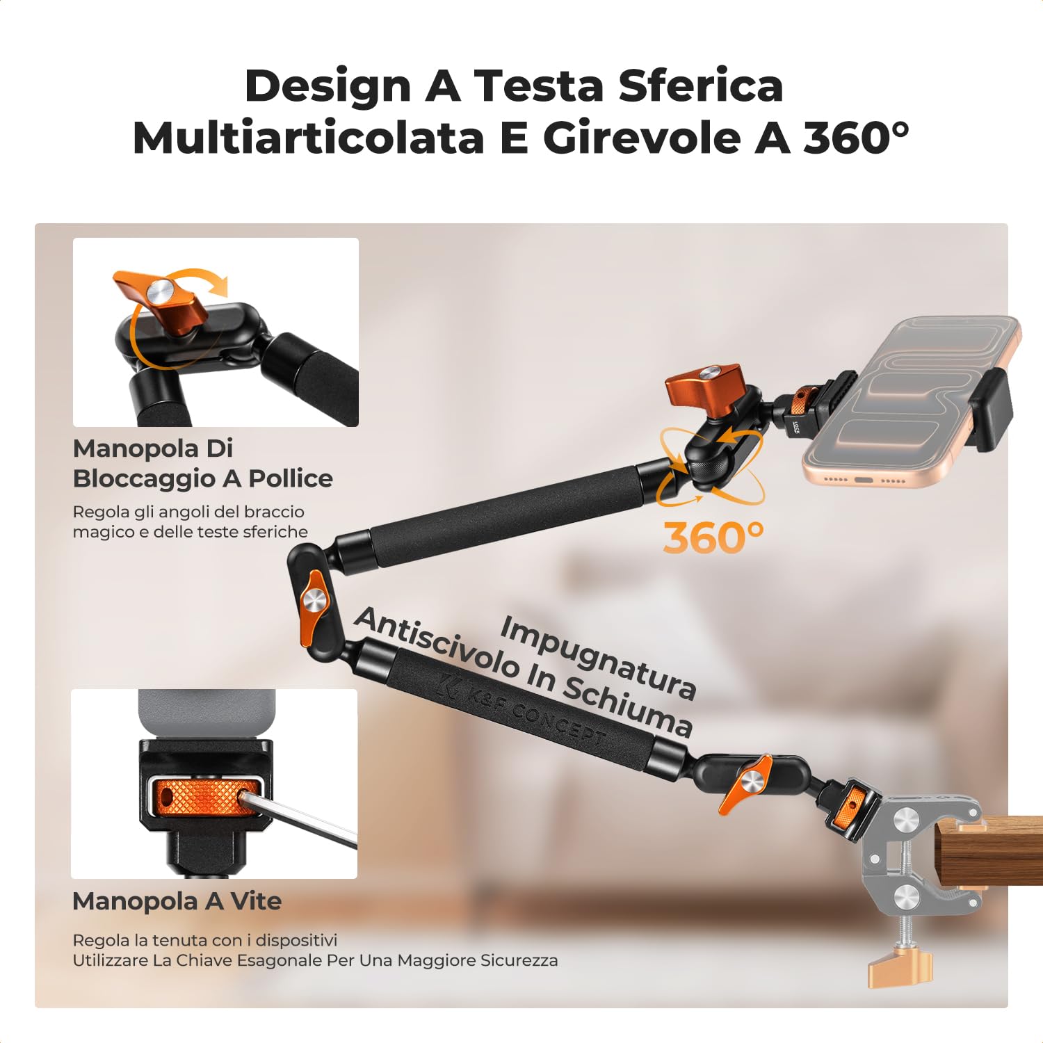 K&F CONCEPT Braccio Magico Flessibile da 22 Pollici con Vite 1/4", Supporto Webcam e Fotocamera da Scrivania, Braccio Articolato per Streaming, Microfono, Luce LED e Action Cam