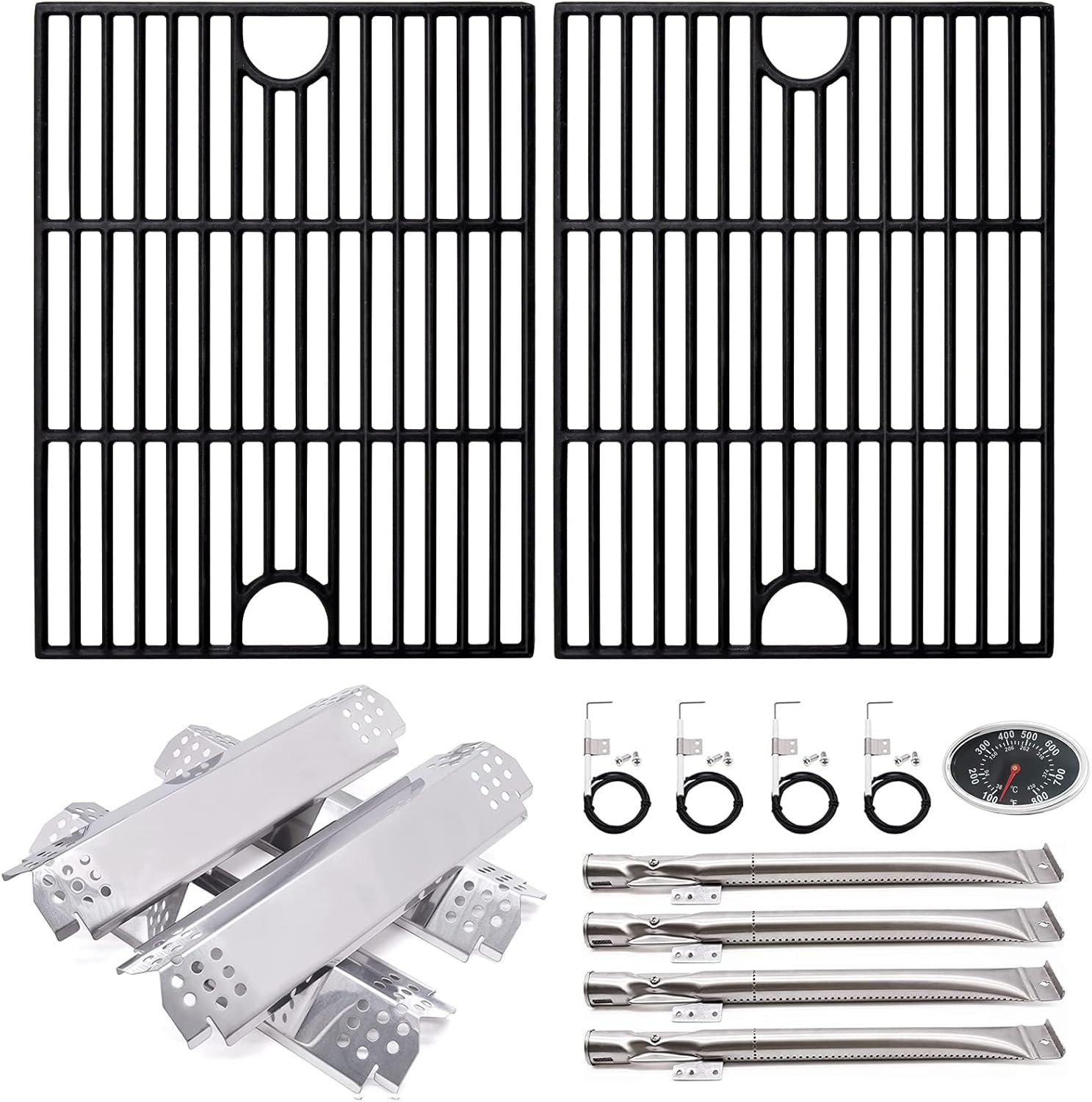 Adviace Grill Replacement Parts for Nexgrill 4 Burner 720-0830H, 720-0783E, 720-0830D, 17 inch Cast Iron Cooking Grates, Grill Burner Tubes, Heat Shield Tent Plates, Igniters and Temperature Gauge.