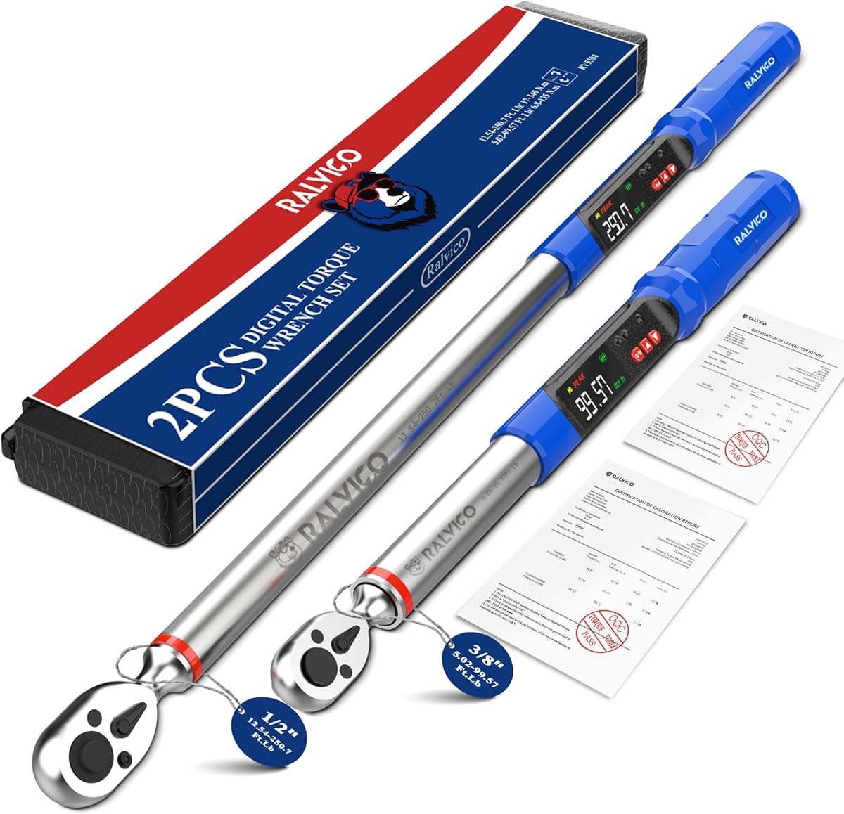 Digital Torque Wrench 3/8 & 1/2 Drive 5.02-99.57 Ft. Lb (6.8-135 N.m) / 12.54-250.7 Ft. Lb (17-340 N.m) ±2% Accuracy Digital Torque Wrench Set with Buzzer and LED Flash for Bike, Moto, Car