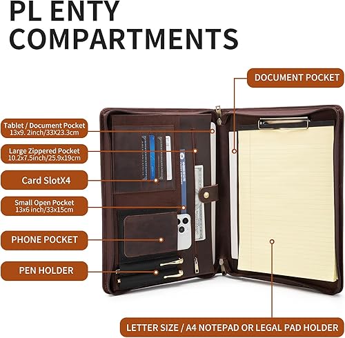 Miniatura 6 de Cuaderno de notas de cuero de caballo loco vintage hecho a mano (A4), organizador de negocios con asa, para iPad ProMicrosoft Surface Protableta de