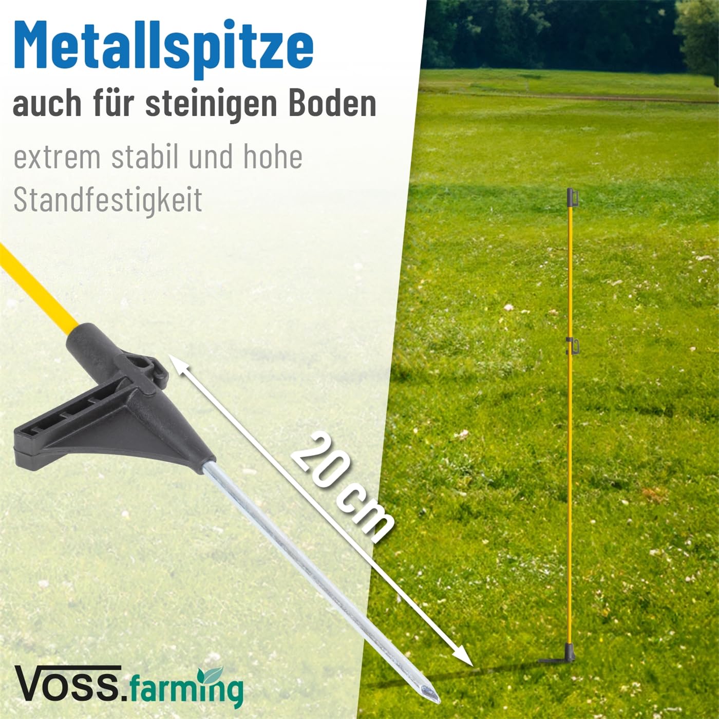 VOSS.farming 40x Fiberglaspfahl 110cm mit Kopfisolator für Weidezaun Metallspitze Weidezaunpfahl Pfahl gelb schwarz Ersatzpfahl Elektrozaun Zaunpfahl