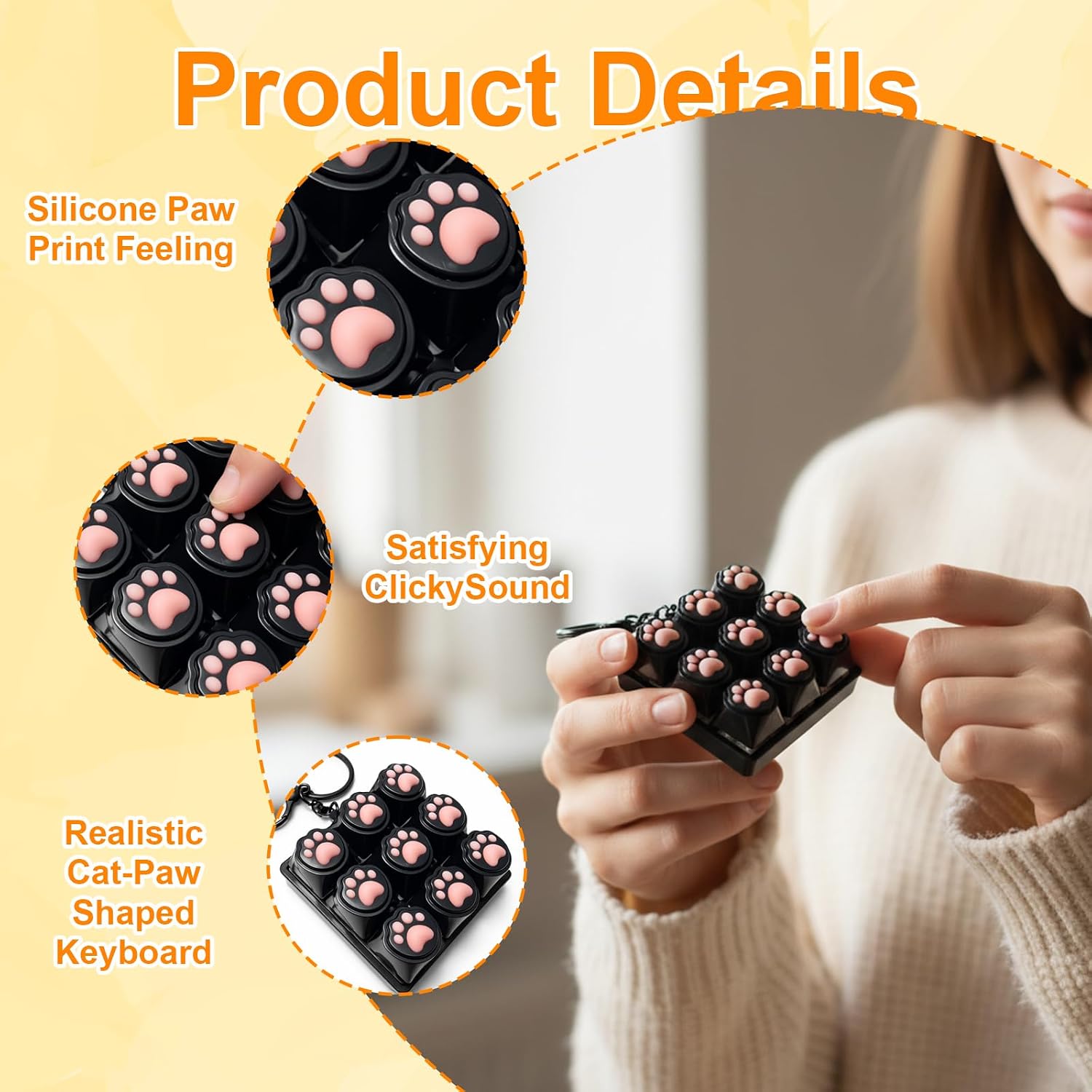Keyboard Clicker, Portable Cat Paw Keychain With Clicky and Keys, Stress Relief Tool for Office Meetings and Anxiety, Nine-Key Black Shell Silicone Cat Paw Design for Adults image 3