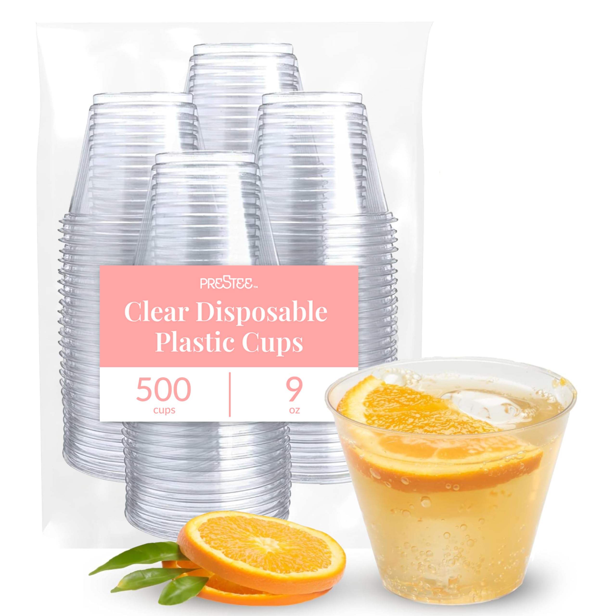 Prestee 500 vasos de plástico transparente, vasos de cóctel de 9 onzas, suministros para fiestas, vasos de cóctel de plástico, vasos desechables, vasos de plástico duraderos, 500 vasos de plástico a