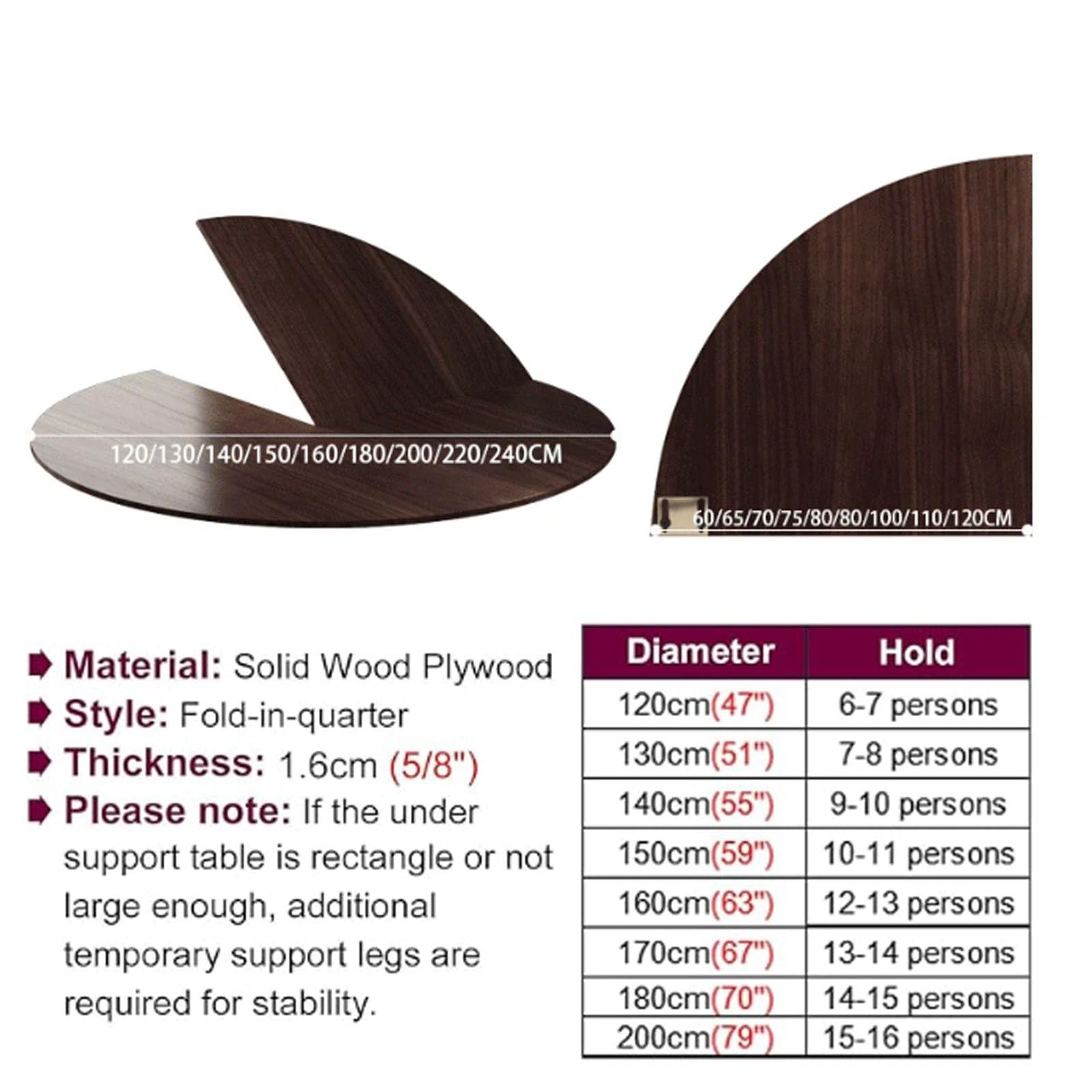 Tavolo rotondo pieghevole in legno, 120-200 cm, design salvaspazio per catering e banchetti, uso versatile, senza gambe, estensore ideale per eventi e raduni, opzione 130 cm