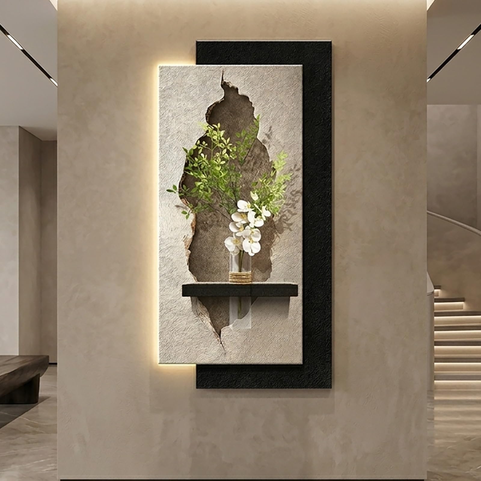 YHTCSXMD Modern Sandstone Wall Art with LED Lights, 3D Textured Wall Sculpture with Vase and Faux Greenery, Plug-in Power Supply for Living Room, Bedroom(60x120cm/23.6x47.2in,D)