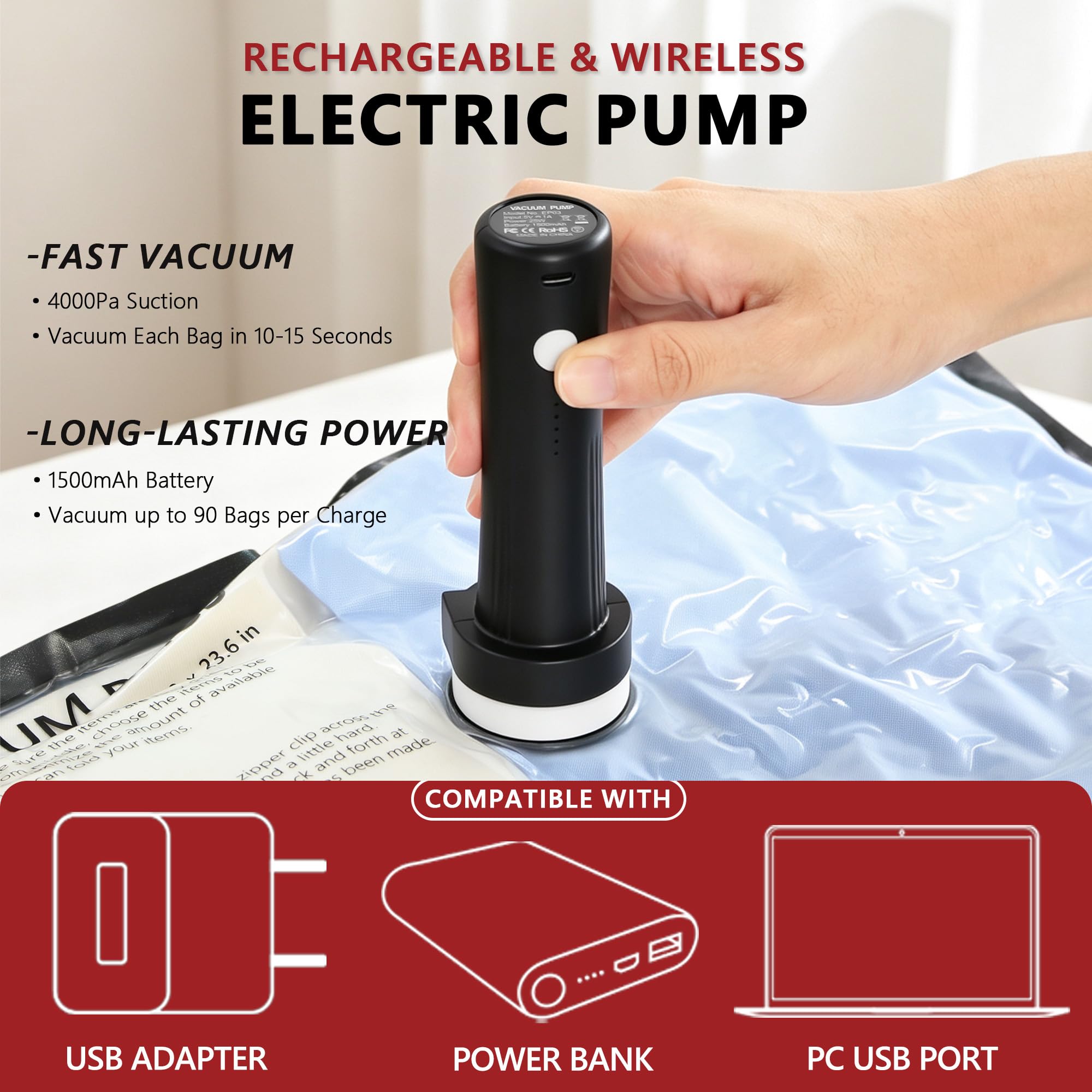 Travel Vacuum Bags for Clothing with Cordless Pump 18 Combo, Black view 5