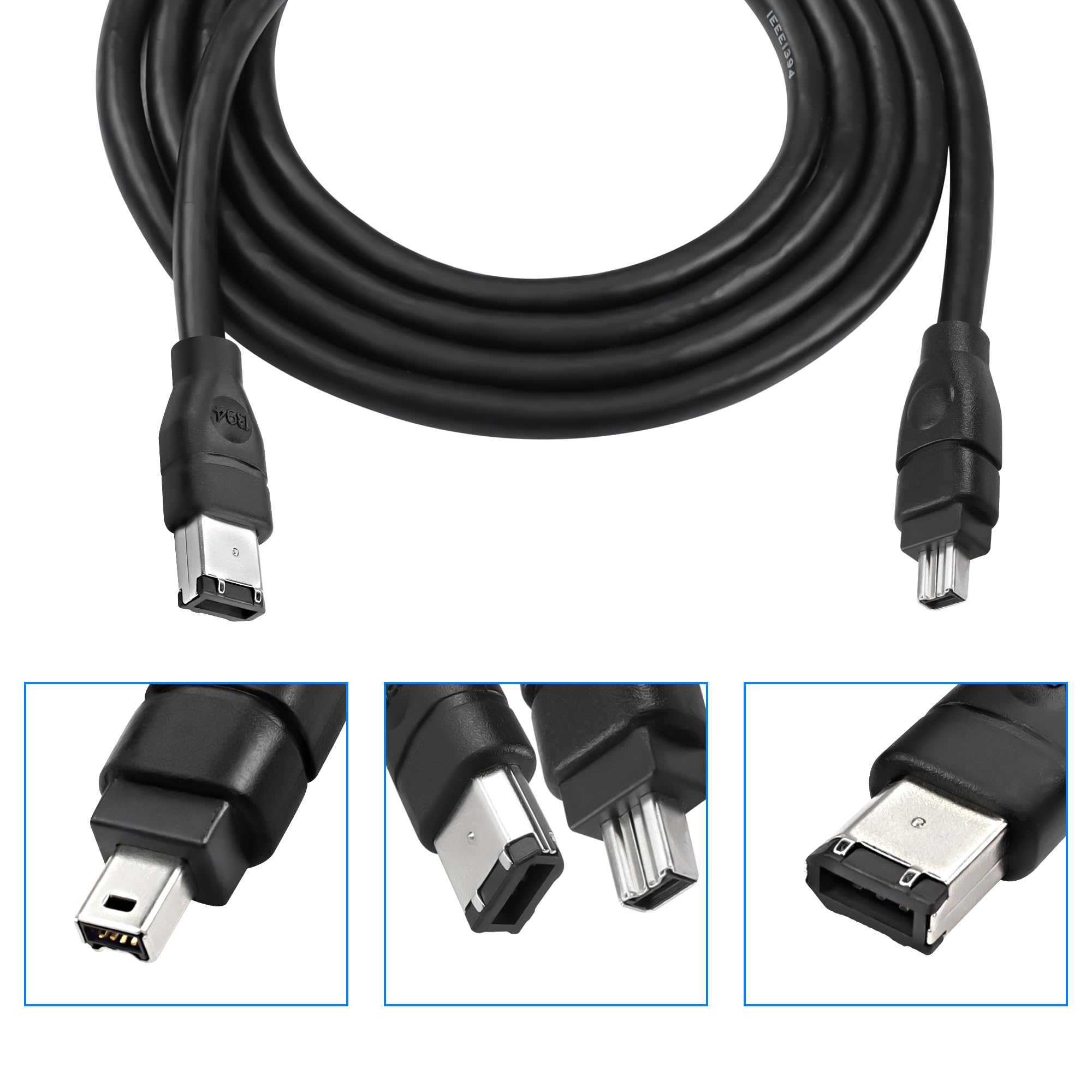MEIRIYFA Firewire IEEE 1394B wtyczka 6-stykowa do 4-pinowego kabla wtykowego, Firewire 400 do Firewire 400 4 Pin do 6 Pin High Speed 400 Mbps do drukarki, skanera, aparatu cyfrowego (1,8 m, czarna)