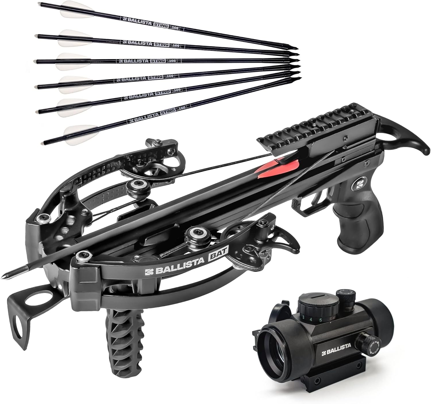 BALLISTA Hunting Bundle: BAT Compound Small Crossbow with Red Dot Sight and 6 x Stign Bolts 13"