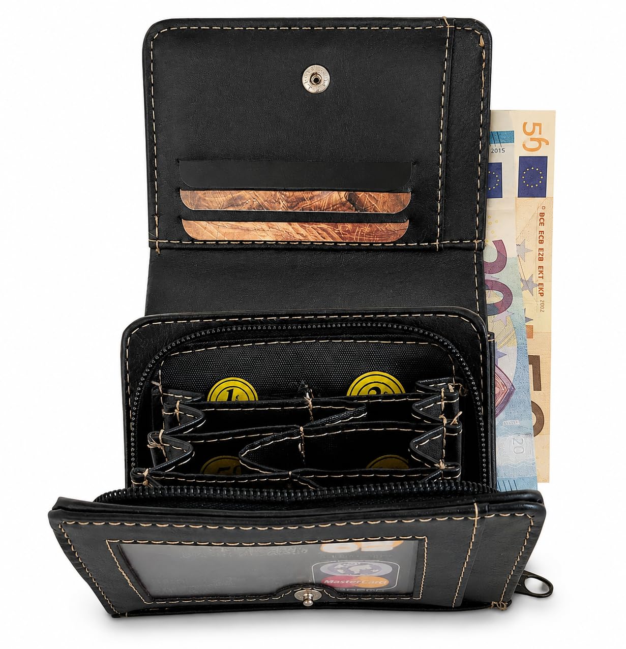 Frédéric Johns Porte-Monnaie Trieur Euro Femme Homme - 8 Compartiments à Pièces - Idéal Malvoyants & Seniors - Compartiment Billets & Cartes - Compact (Noir 1)