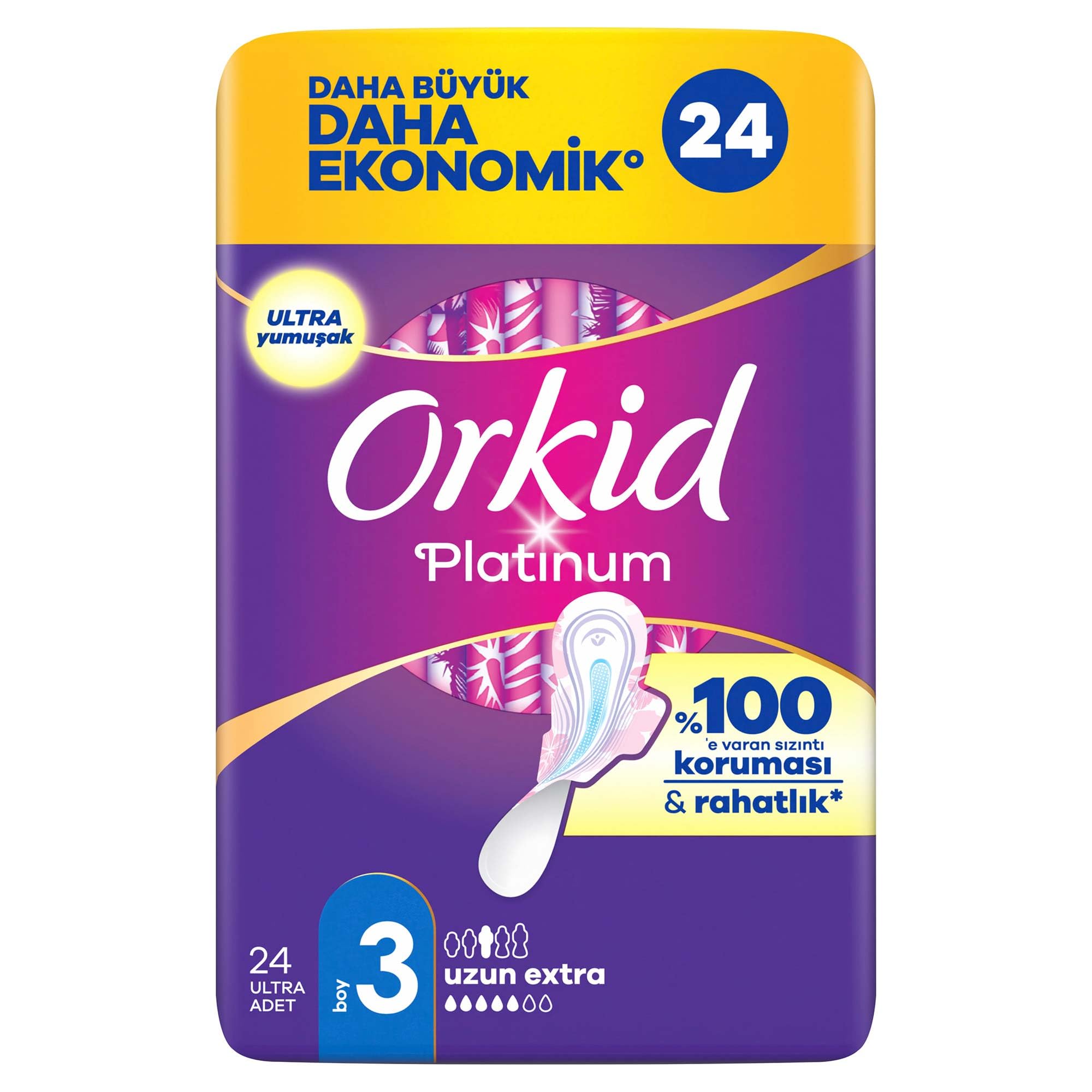 Orkid Platinum Uzun Extra (Boy 3) Dörtlü Paket 24 Adet Süper Ekonomik Hijyenik Ped