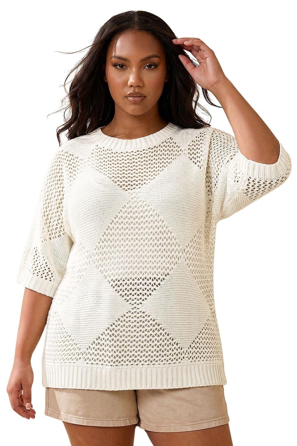 Roman Originals Women's White Roman Curve Metallic Diamond Knit Top For Uk - Everyday Holiday Spring Summer Round Neckline Comfy Soft Evening Vacation Work Party - Ivory Plus - Size 20