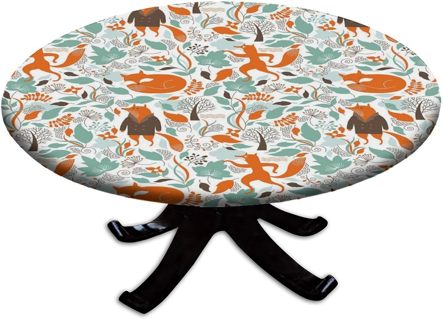 Elastic Edge Fitted Polyester Round Tablecloths, Fox,Funny Sleeping Fashion Fox Figures Falling Washable Wipeable Tablecloth, for Indoor Holiday Family Banquet and Outdoor Patio Use, Fit for 44" Table