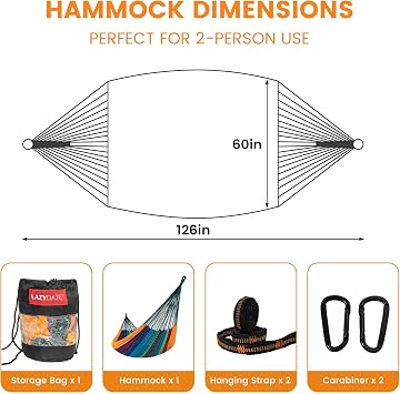 Lazy Daze Hammocks Handwoven XL Mayan Hammock, 10.5 FT Soft Rope Double Hammocks, Portable Outdoor Hammock with Carry Bag, 2 Straps & Carabiners for Patio Outside, 550 lbs Weight Capacity, Multi Color