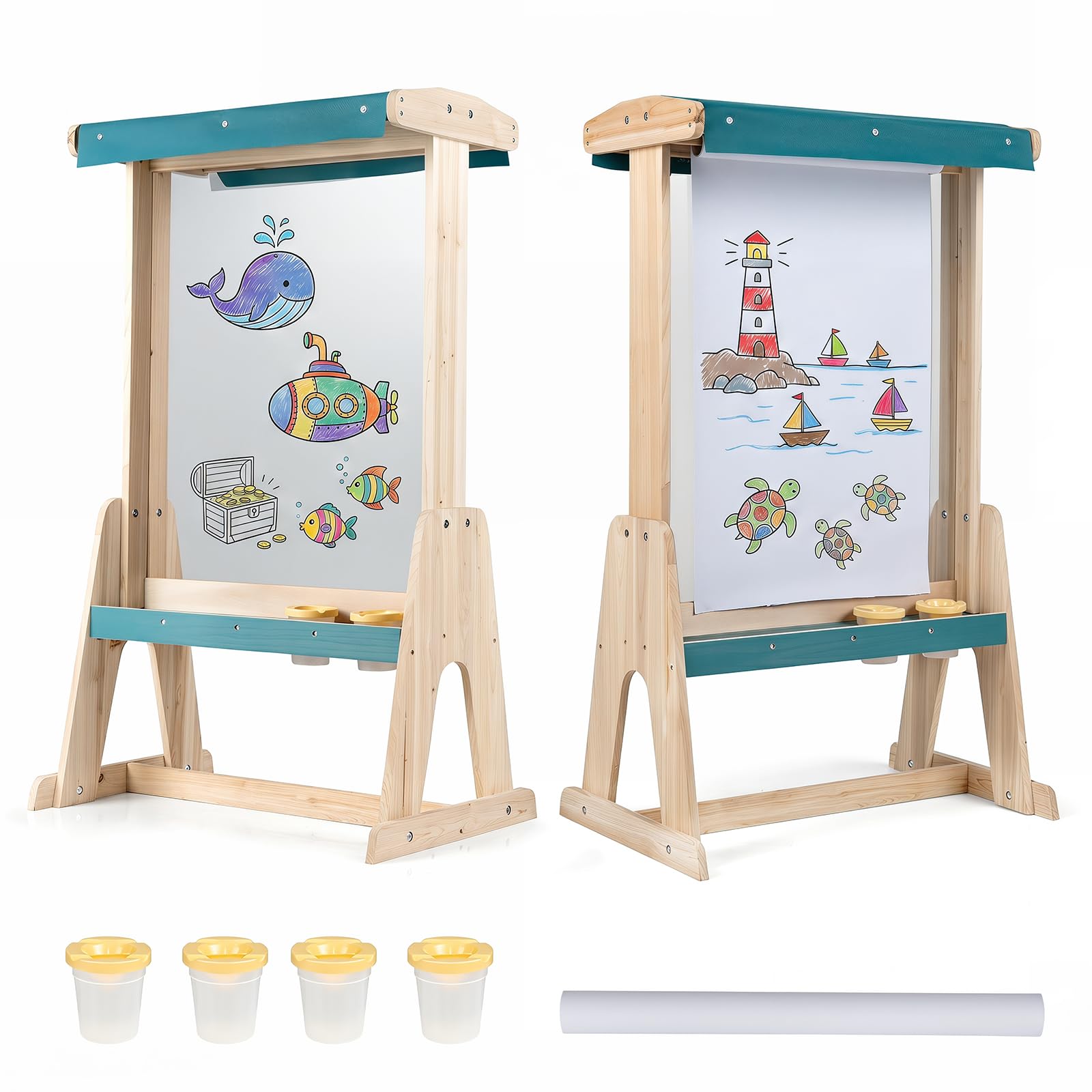 GOPLUS Tableau Enfant Double Face Transparent, Chevalet Enfant Extérieur Interieur avec Auvent de Protection, Rouleau de Papier, Pots à Peinture, Étagère, Tableau Dessin en Bois pour 3+ Ans
