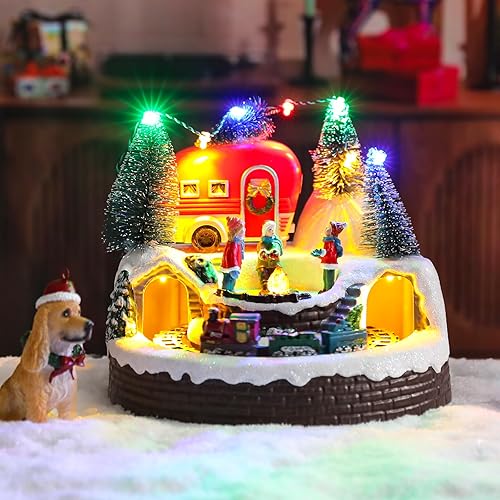 Miniatura 2 de Casa de pueblo de Navidad, edificios coleccionables musicales de Navidad, rotación de tren de hoguera con luces LED, aldea de vacaciones con USB,