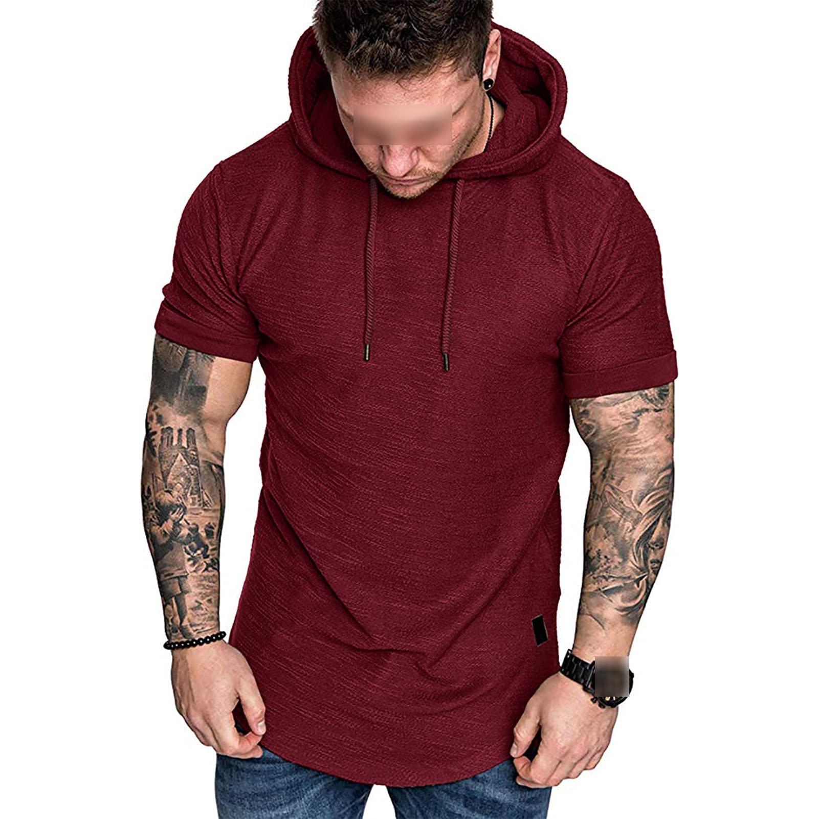 Maiyifu-GJ Men's Short Sleeve Athletic Hoodie Lightweight Workout Hooded T-Shirts Solid Color Slim Fit Pullover Sweatshirt (Red,Large)