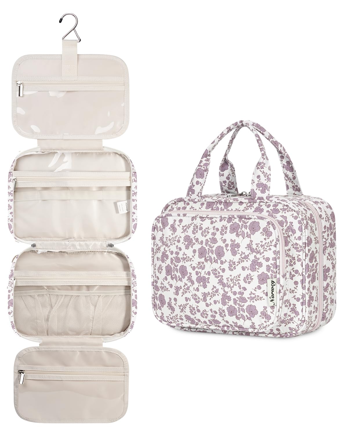 Narwey Hanging Floral Toiletry Bag for Women Travel Makeup Bag Organizer Toiletries Bag for Travel Size Essentials Accessories Cosmetics (Dusty Pink