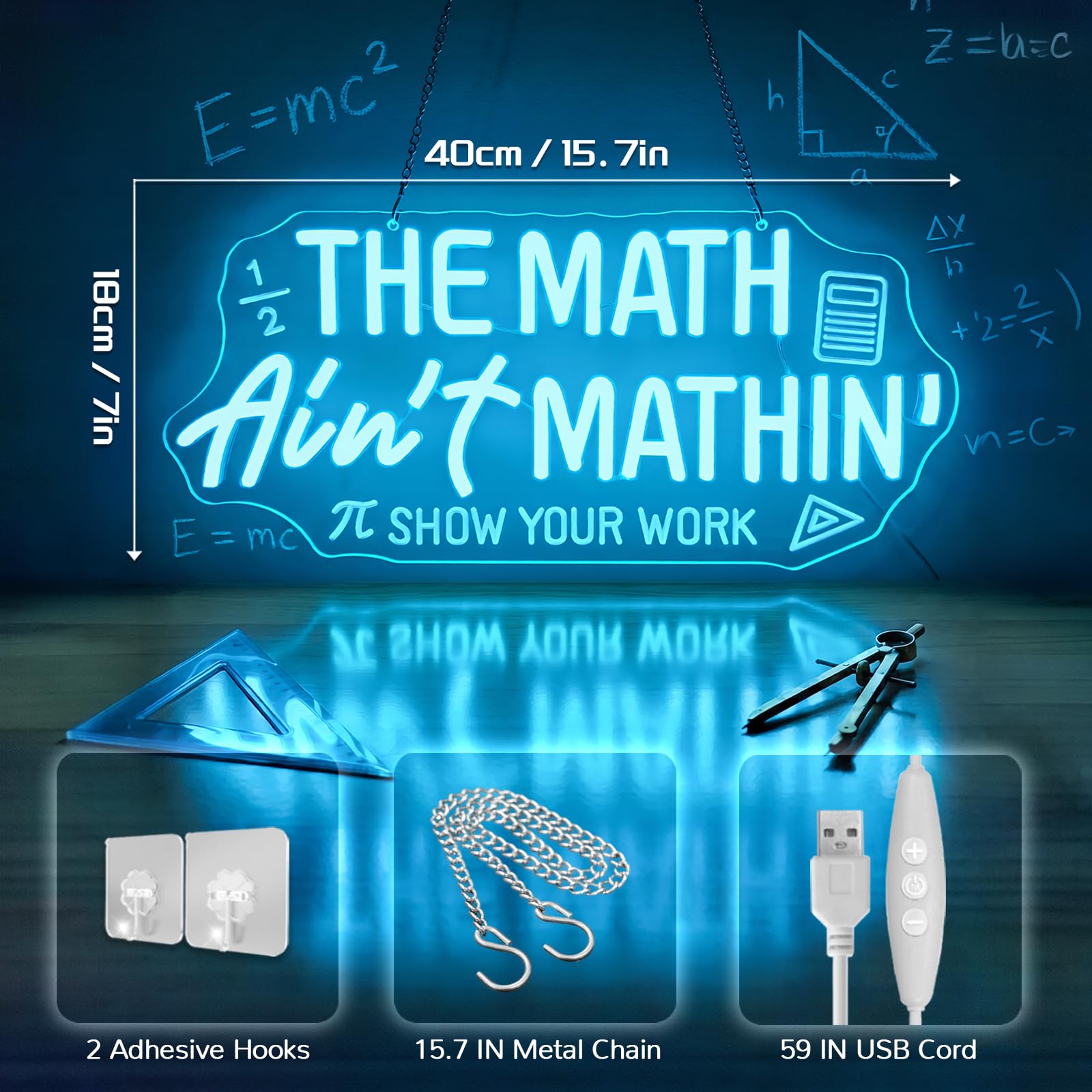 Insegna al neon matematica per decorazione in classe, The Math Ain't Mathin, luce al neon a LED con calcolatrice e simboli geometrici, dimmerabile, alimentato tramite USB, regalo per