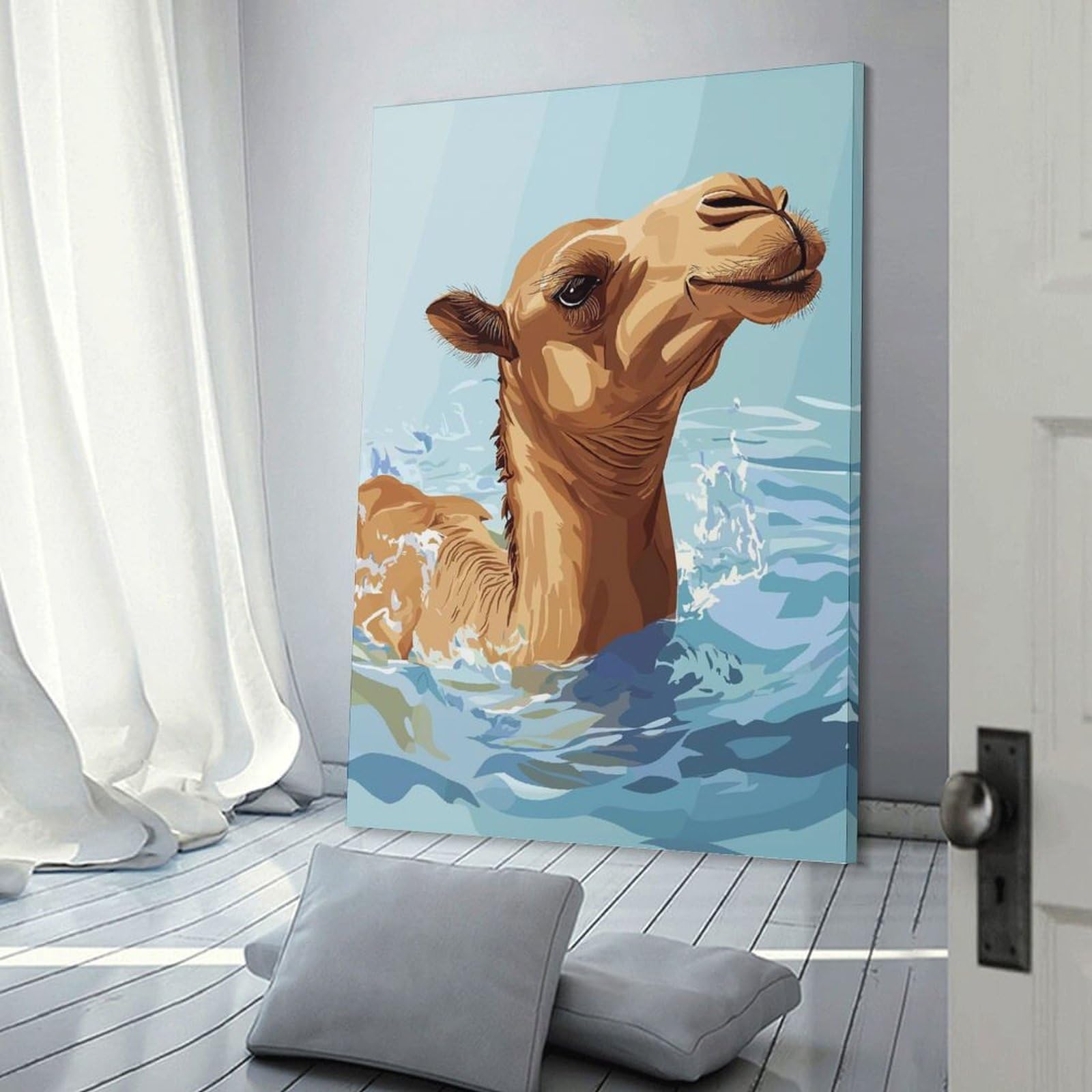 Junmoney Canvas Wall Picture Camel Swimming in Water Illustration, 24x36inch(60x90cm), for Restful Interiors, Bedrooms Or Small Rooms, Home Artwork with A Soft Interior Feel
